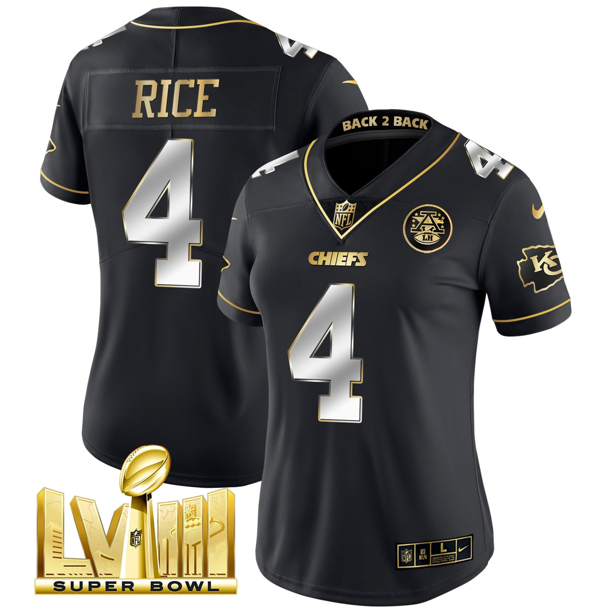 Rashee Rice Women's Kansas City Chiefs Super Bowl LVIII & Back 2 Back Patch Vapor Black Limited Jersey - All Stitched 