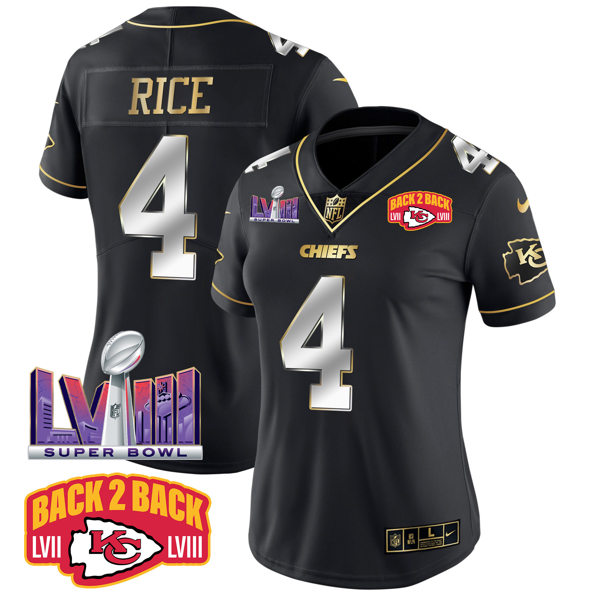 Rashee Rice Women's Kansas City Chiefs Super Bowl LVIII & Back 2 Back Patch Vapor Black Limited Jersey - All Stitched 