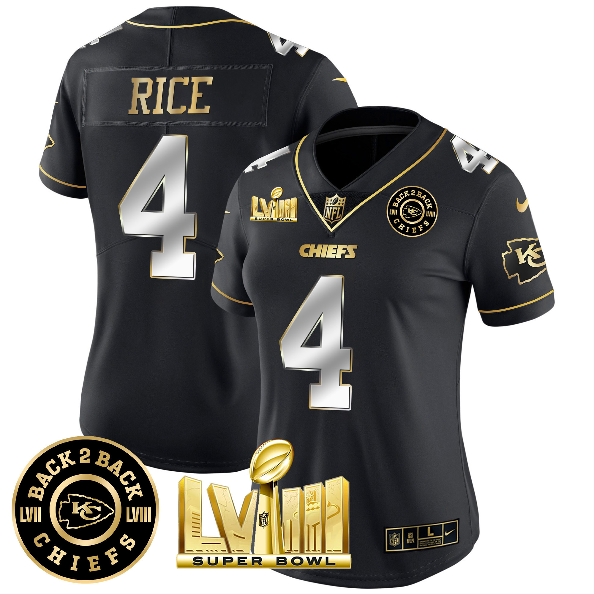 Rashee Rice Women's Kansas City Chiefs Super Bowl LVIII & Back 2 Back Patch Vapor Black Limited Jersey - All Stitched 