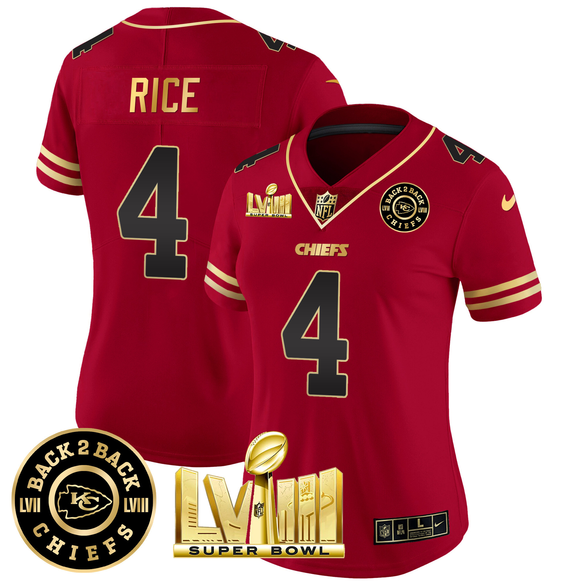 Rashee Rice Women's Kansas City Chiefs Super Bowl LVIII & Back 2 Back Patch Vapor Black Red Jersey - All Stitched 