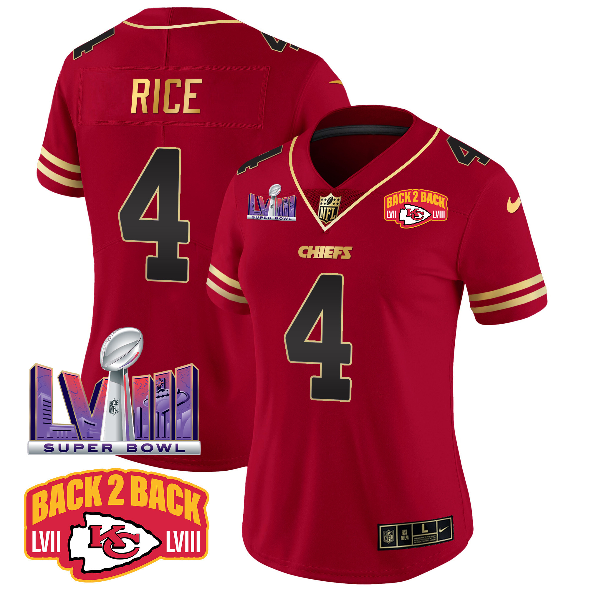 Rashee Rice Women's Kansas City Chiefs Super Bowl LVIII & Back 2 Back Patch Vapor Black Red Jersey - All Stitched 