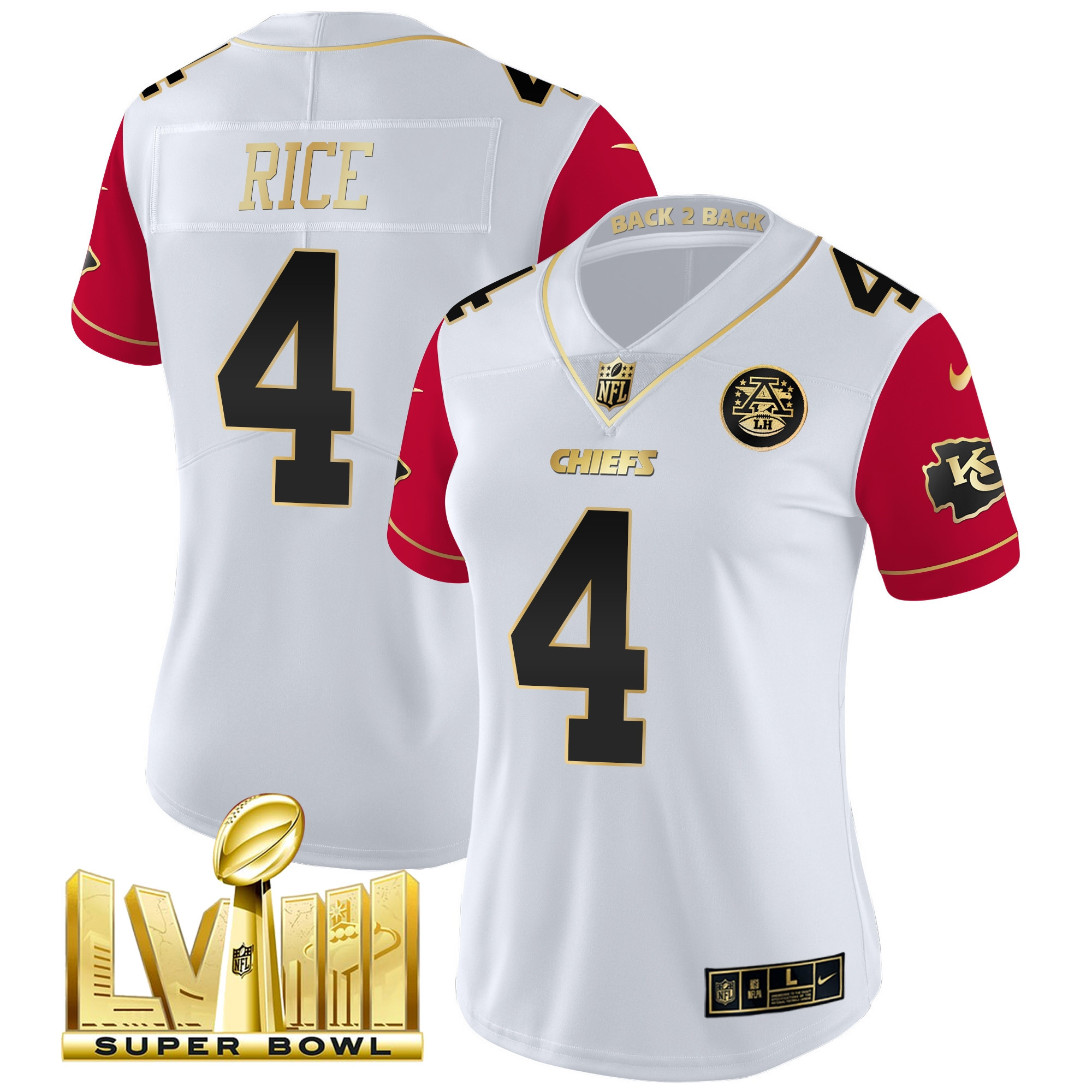 Rashee Rice Women's Kansas City Chiefs Super Bowl LVIII & Back 2 Back Patch Vapor Color Sleeves Jersey - All Stitched 