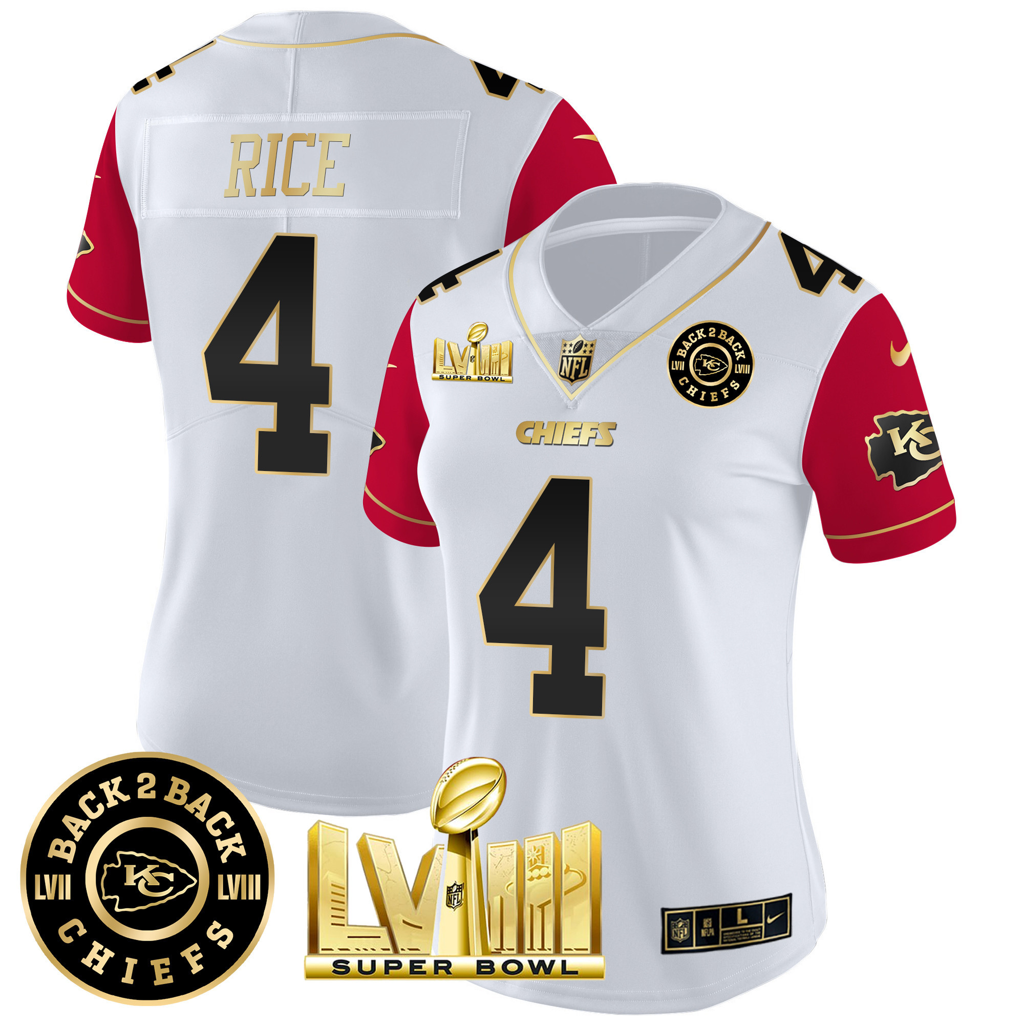 Rashee Rice Women's Kansas City Chiefs Super Bowl LVIII & Back 2 Back Patch Vapor Color Sleeves Jersey - All Stitched 