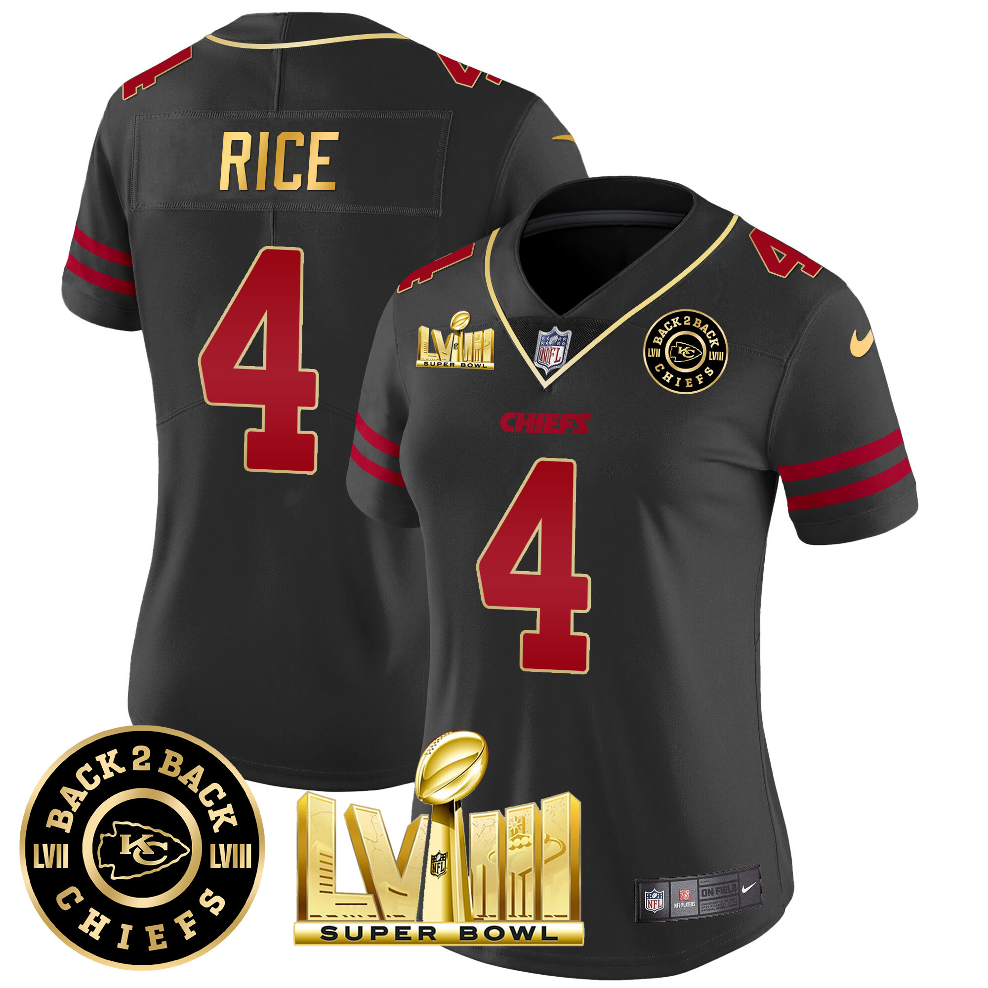 Rashee Rice Women's Kansas City Chiefs Super Bowl LVIII & Back 2 Back Patch Vapor Gold Trim Jersey - All Stitched 
