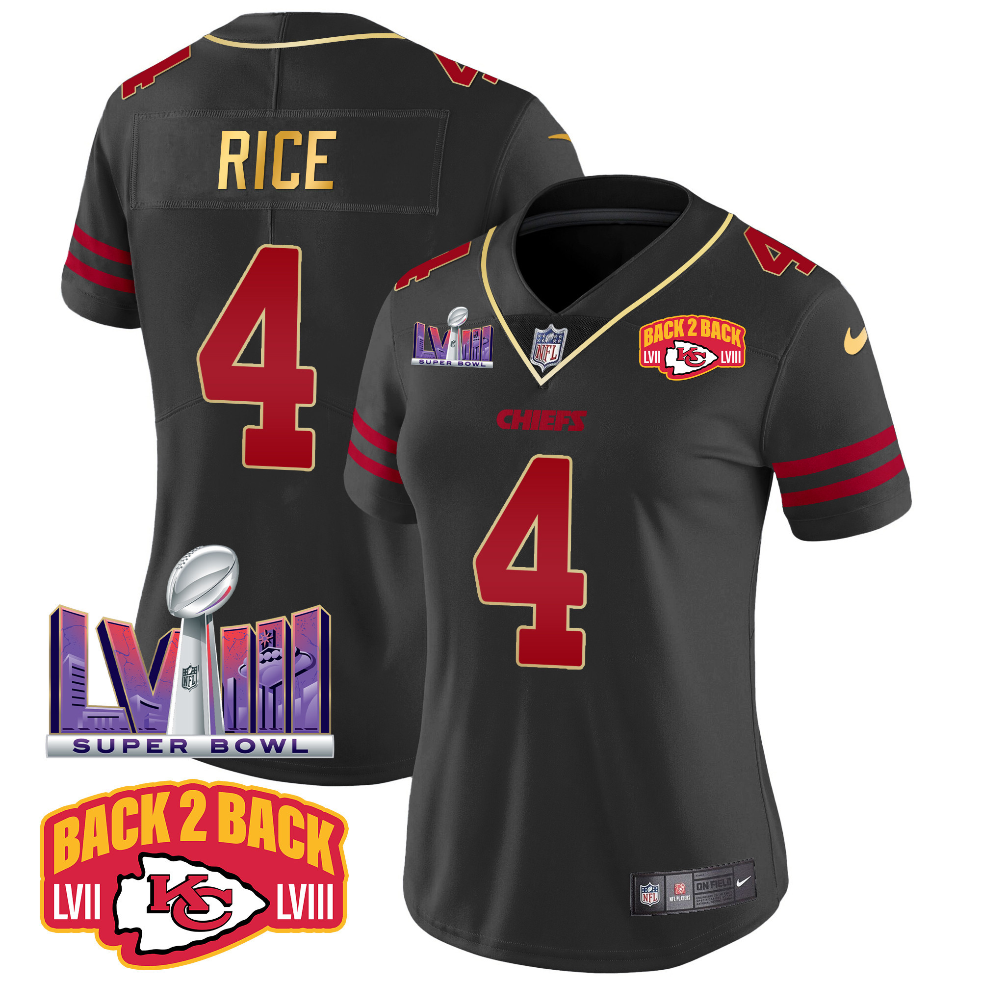 Rashee Rice Women's Kansas City Chiefs Super Bowl LVIII & Back 2 Back Patch Vapor Gold Trim Jersey - All Stitched 