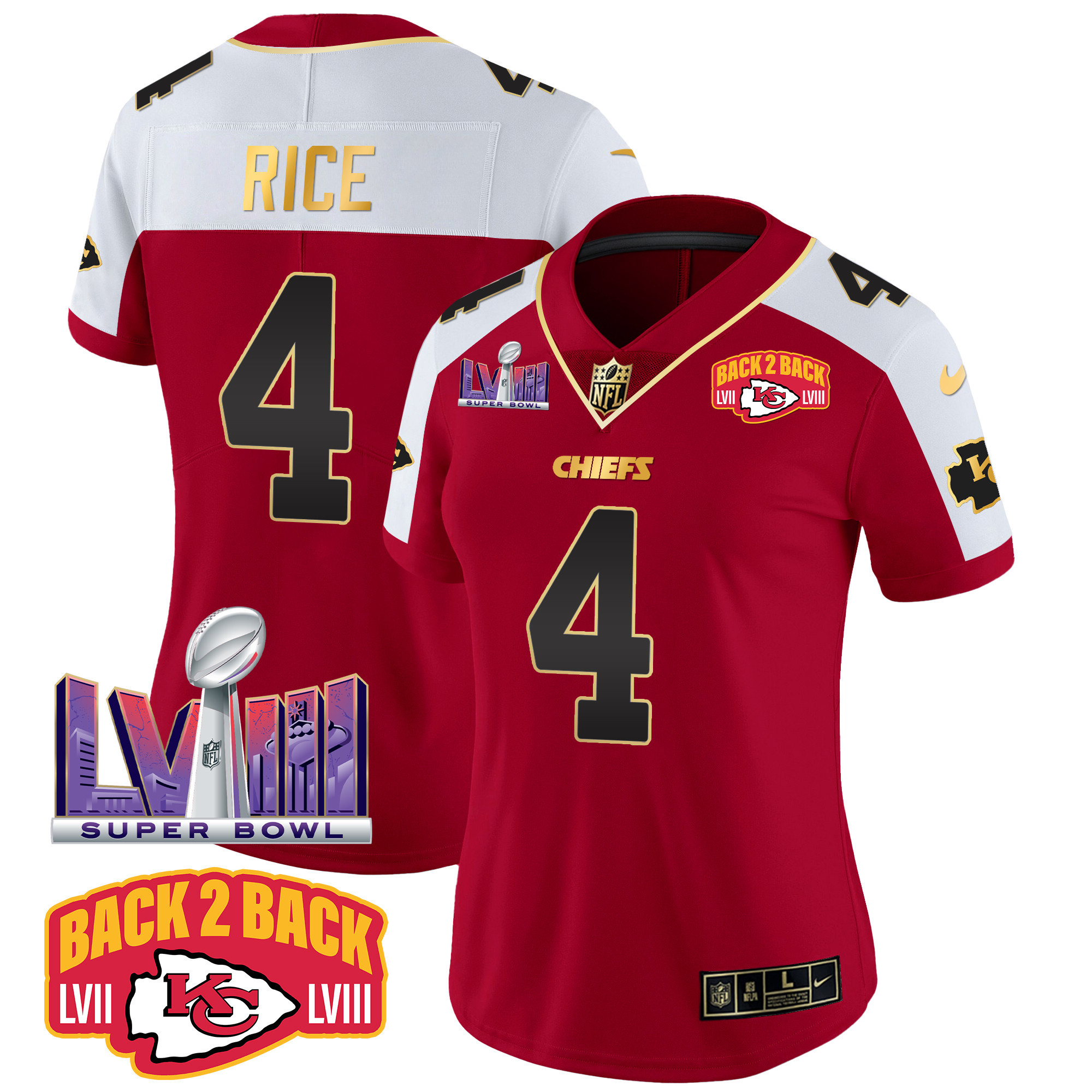 Rashee Rice Women's Kansas City Chiefs Super Bowl LVIII & Back 2 Back Patch Vapor Red Alternate Jersey - All Stitched 