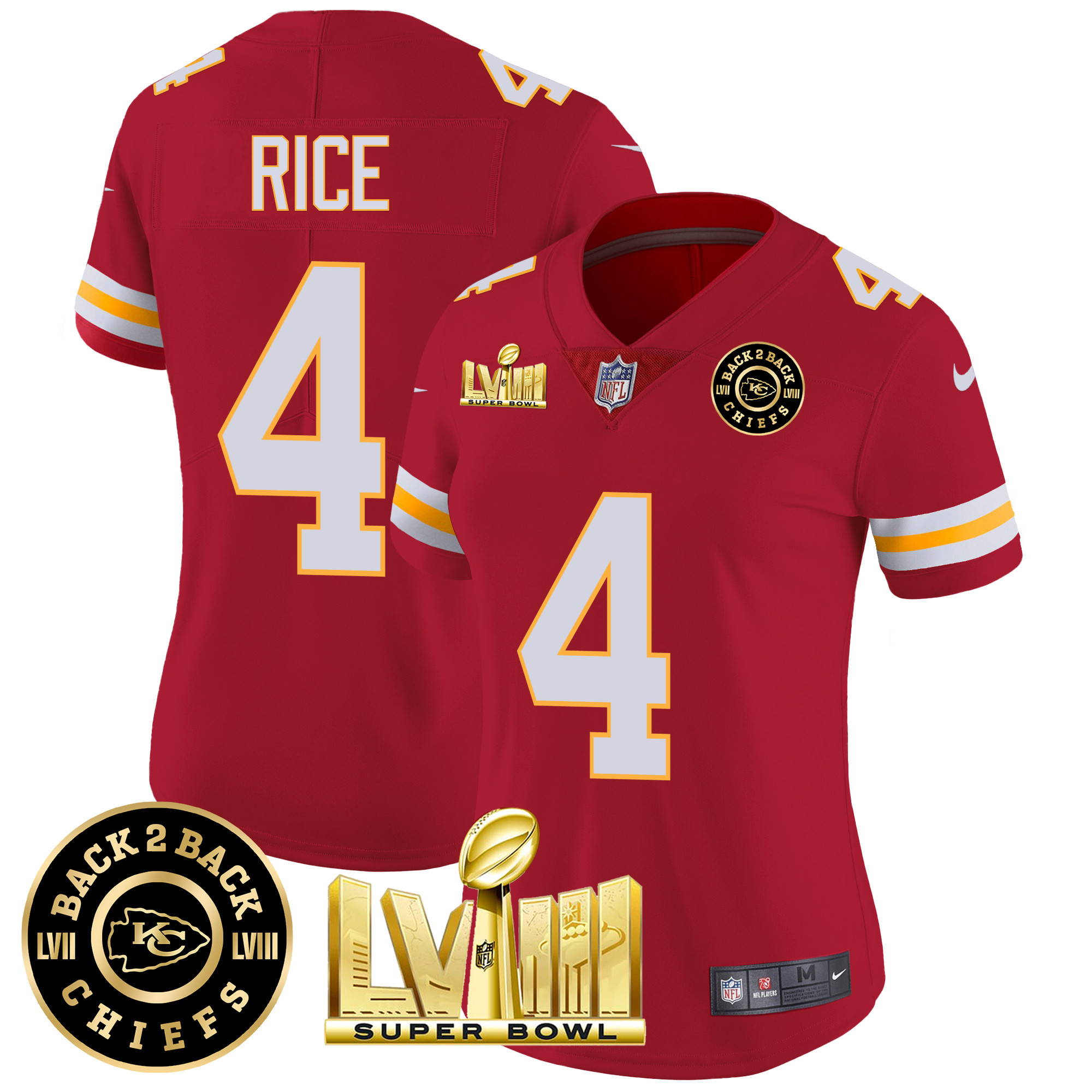 Rashee Rice Women's Kansas City Chiefs Super Bowl LVIII & Back 2 Back Patch Vapor Red Jersey - All Stitched 