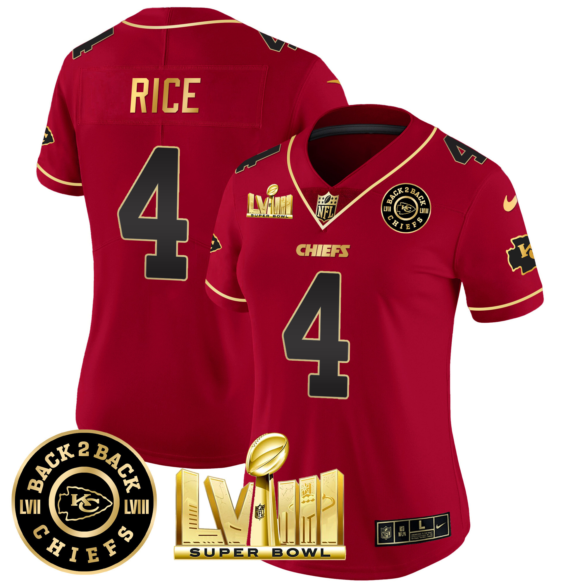 Rashee Rice Women's Kansas City Chiefs Super Bowl LVIII & Back 2 Back Patch Vapor Red Special Jersey - All Stitched 