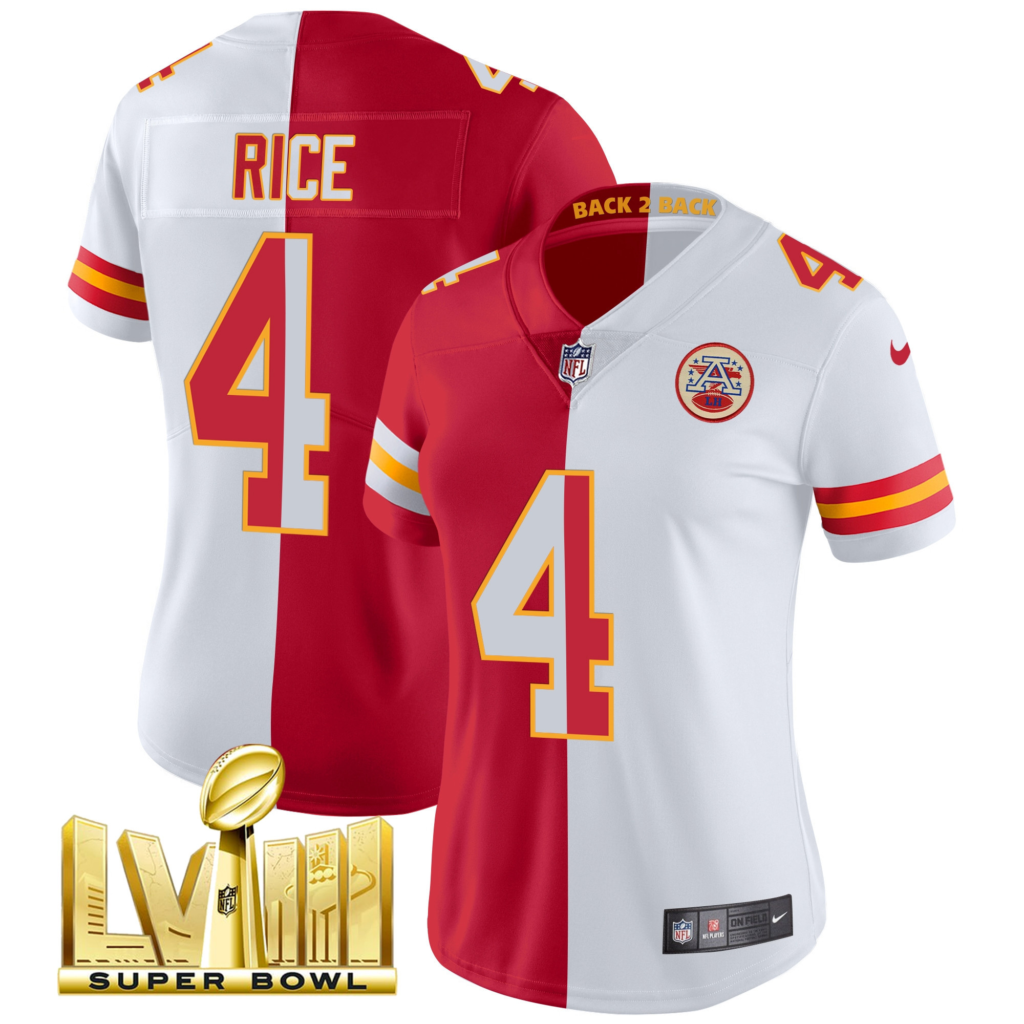 Rashee Rice Women's Kansas City Chiefs Super Bowl LVIII & Back 2 Back Patch Vapor Split Jersey - All Stitched 