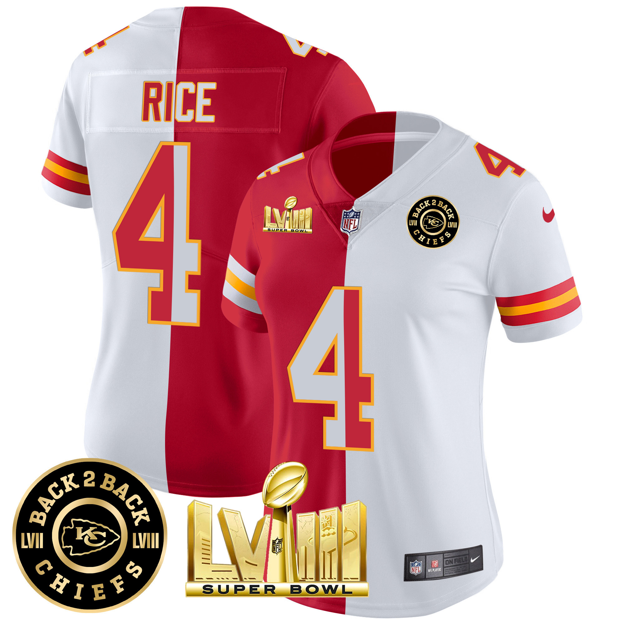 Rashee Rice Women's Kansas City Chiefs Super Bowl LVIII & Back 2 Back Patch Vapor Split Jersey - All Stitched 
