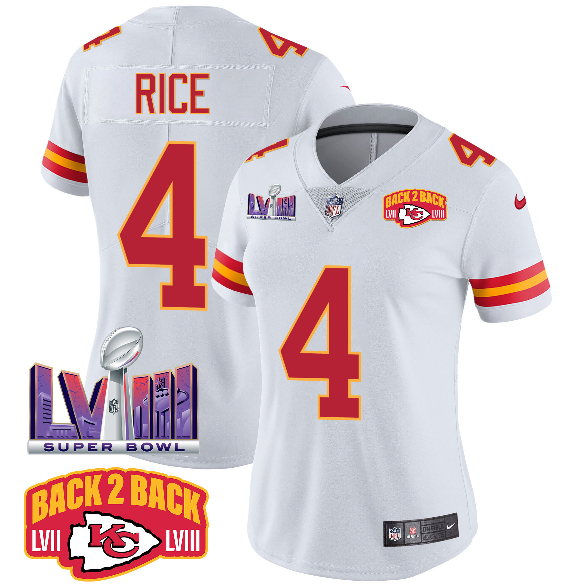 Rashee Rice Women's Kansas City Chiefs Super Bowl LVIII & Back 2 Back Patch Vapor White Jersey - All Stitched 