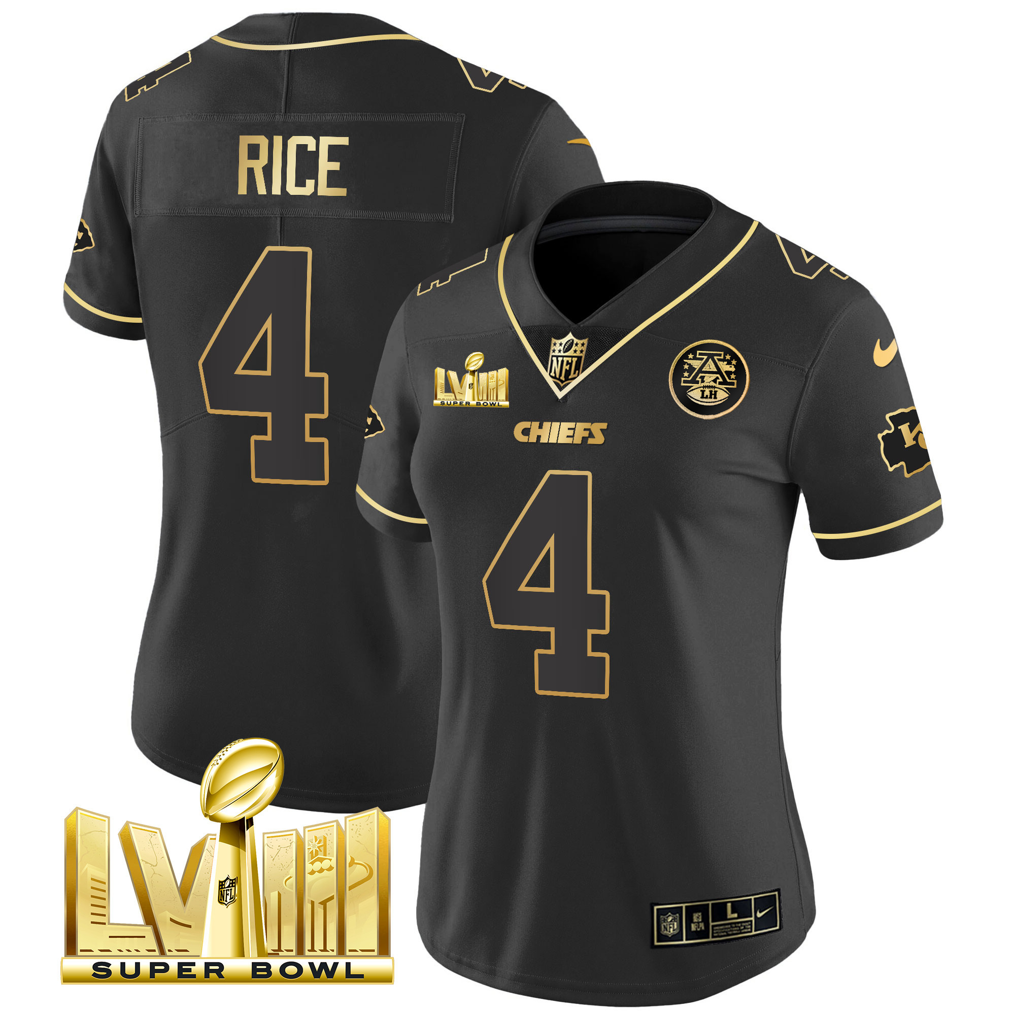 Rashee Rice Women's Kansas City Chiefs Super Bowl LVIII Gold Patch Vapor Black Gold Jersey - All Stitched 