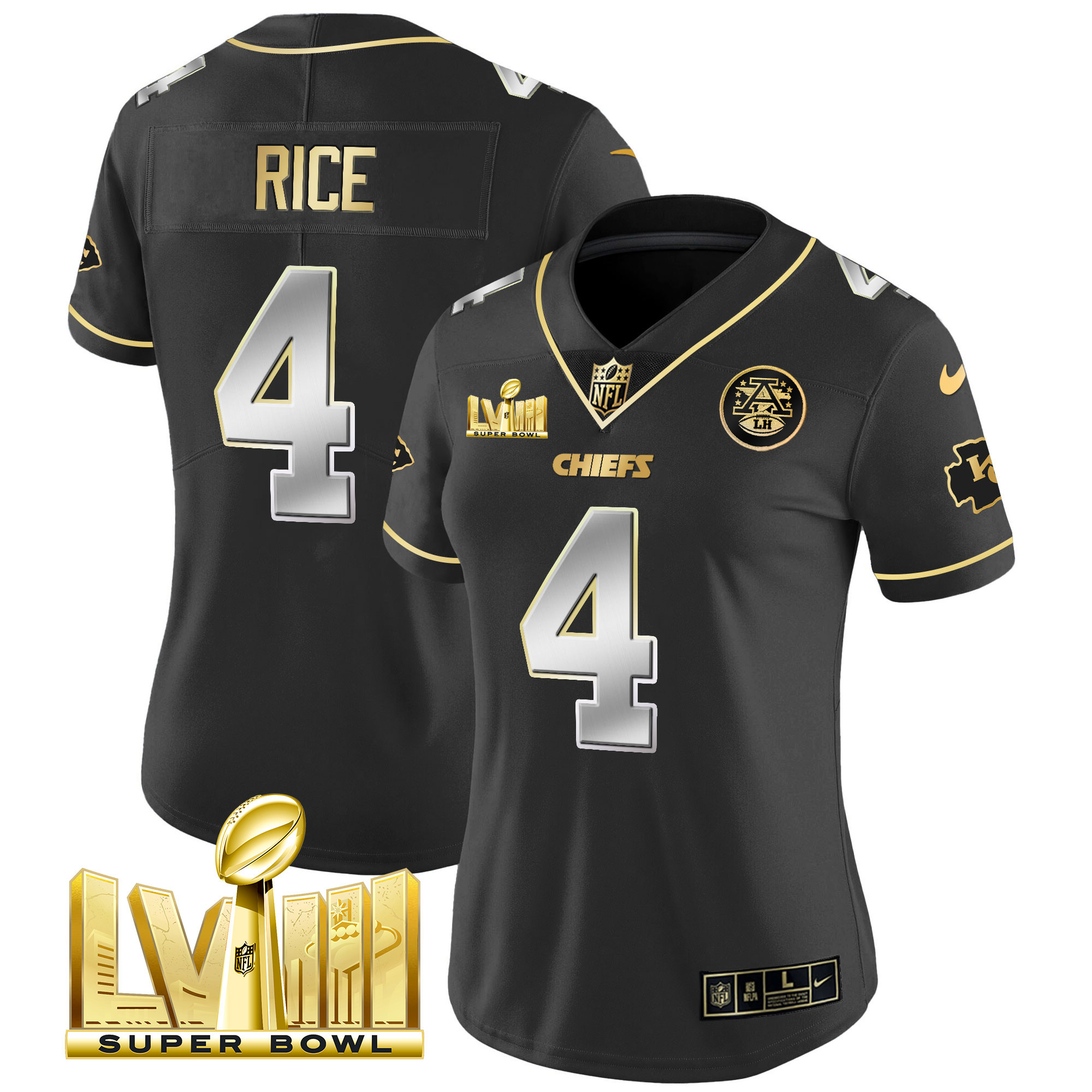 Rashee Rice Women's Kansas City Chiefs Super Bowl LVIII Gold Patch Vapor Black Limited Jersey - All Stitched 