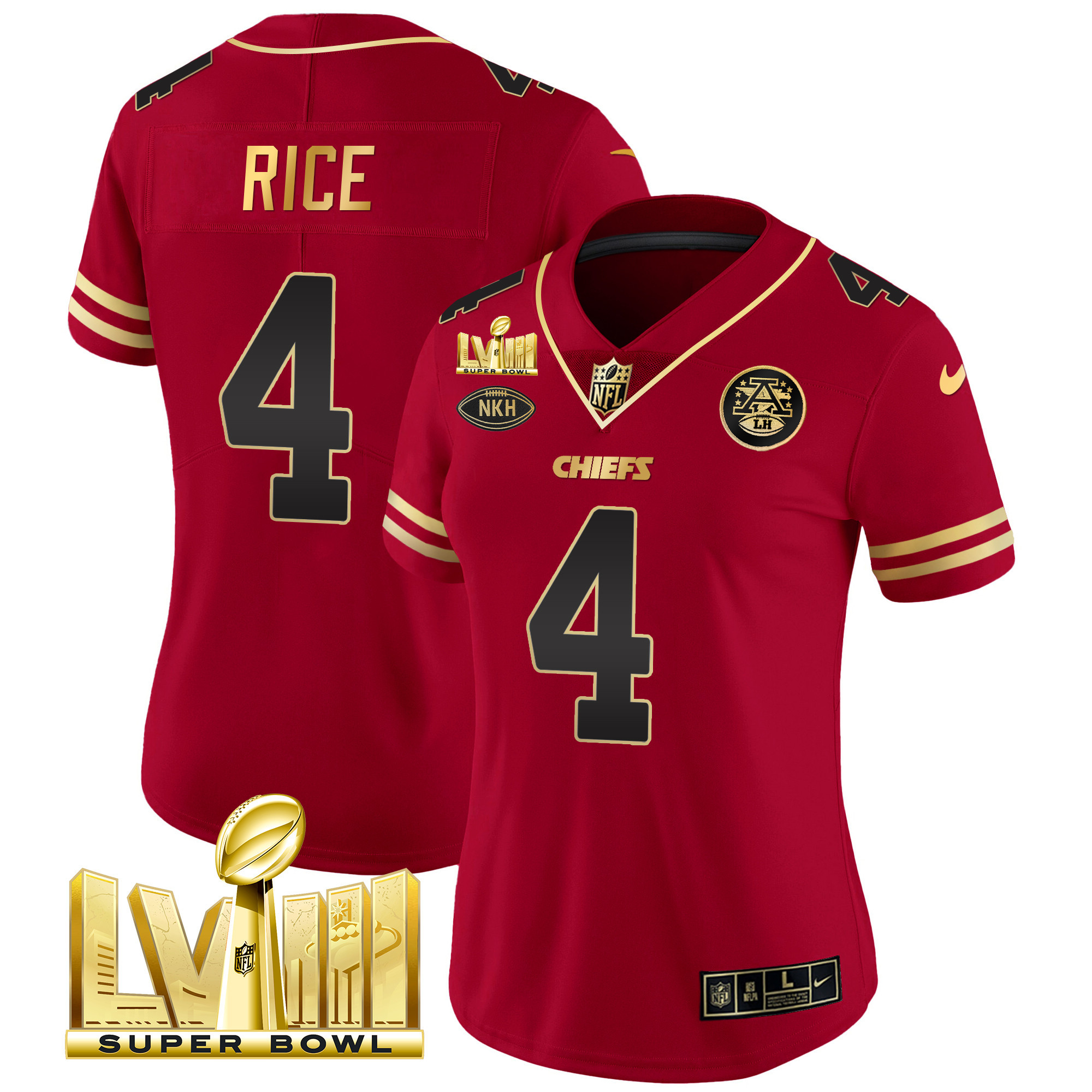 Rashee Rice Women's Kansas City Chiefs Super Bowl LVIII Gold Patch Vapor Black Red Jersey - All Stitched 