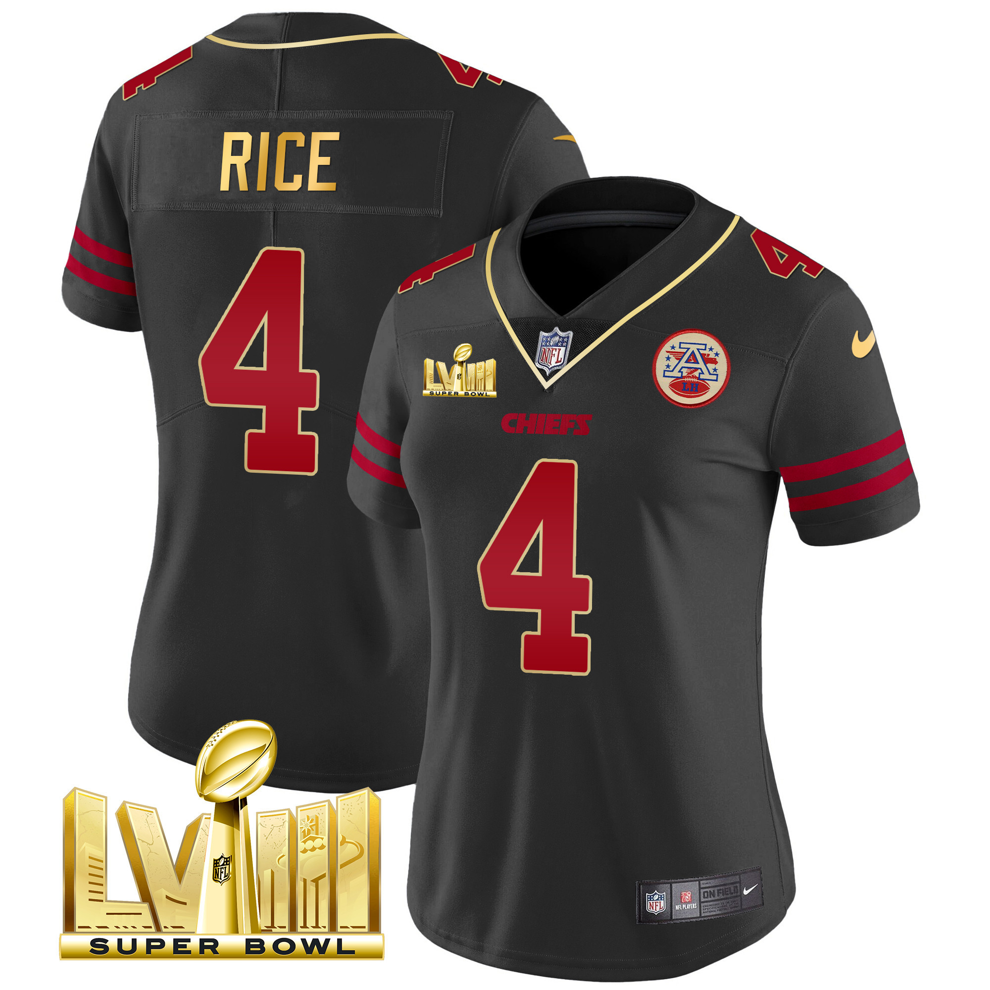 Rashee Rice Women's Kansas City Chiefs Super Bowl LVIII Gold Patch Vapor Gold Trim Jersey - All Stitched 