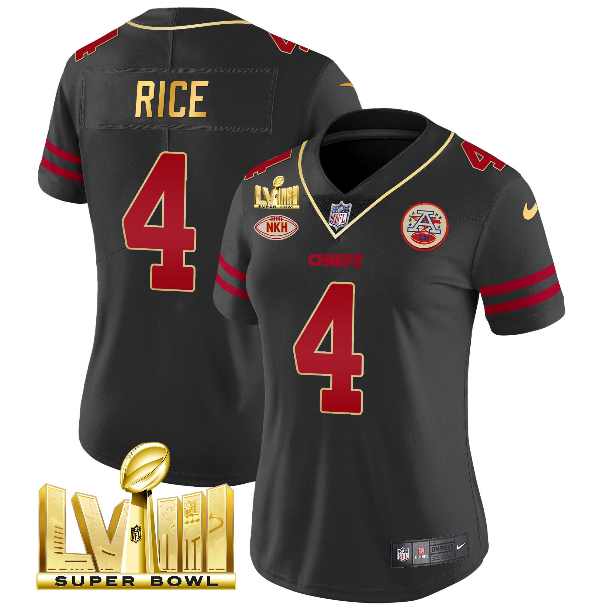 Rashee Rice Women's Kansas City Chiefs Super Bowl LVIII Gold Patch Vapor Gold Trim Jersey - All Stitched 