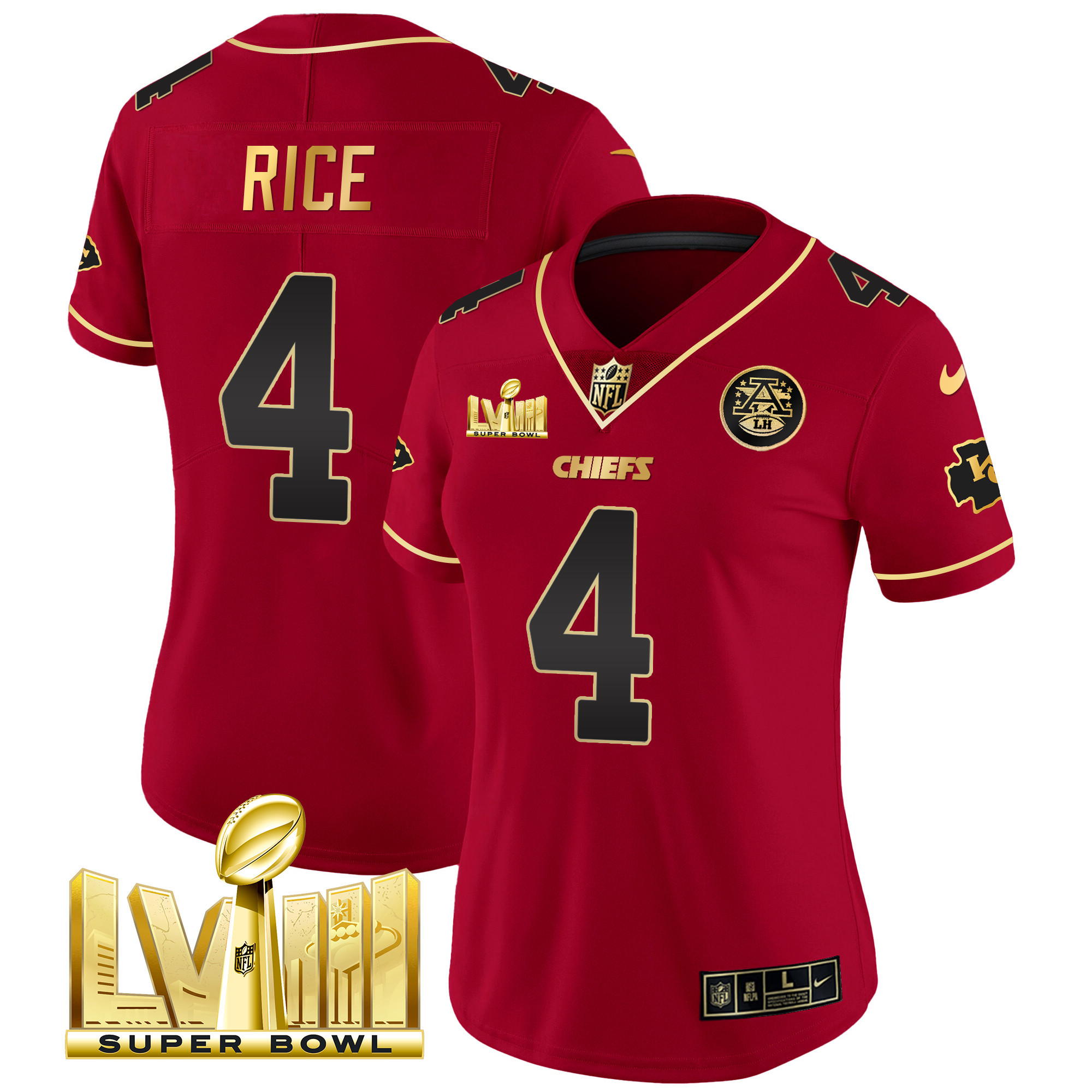 Rashee Rice Women's Kansas City Chiefs Super Bowl LVIII Gold Patch Vapor Red Special Jersey - All Stitched 