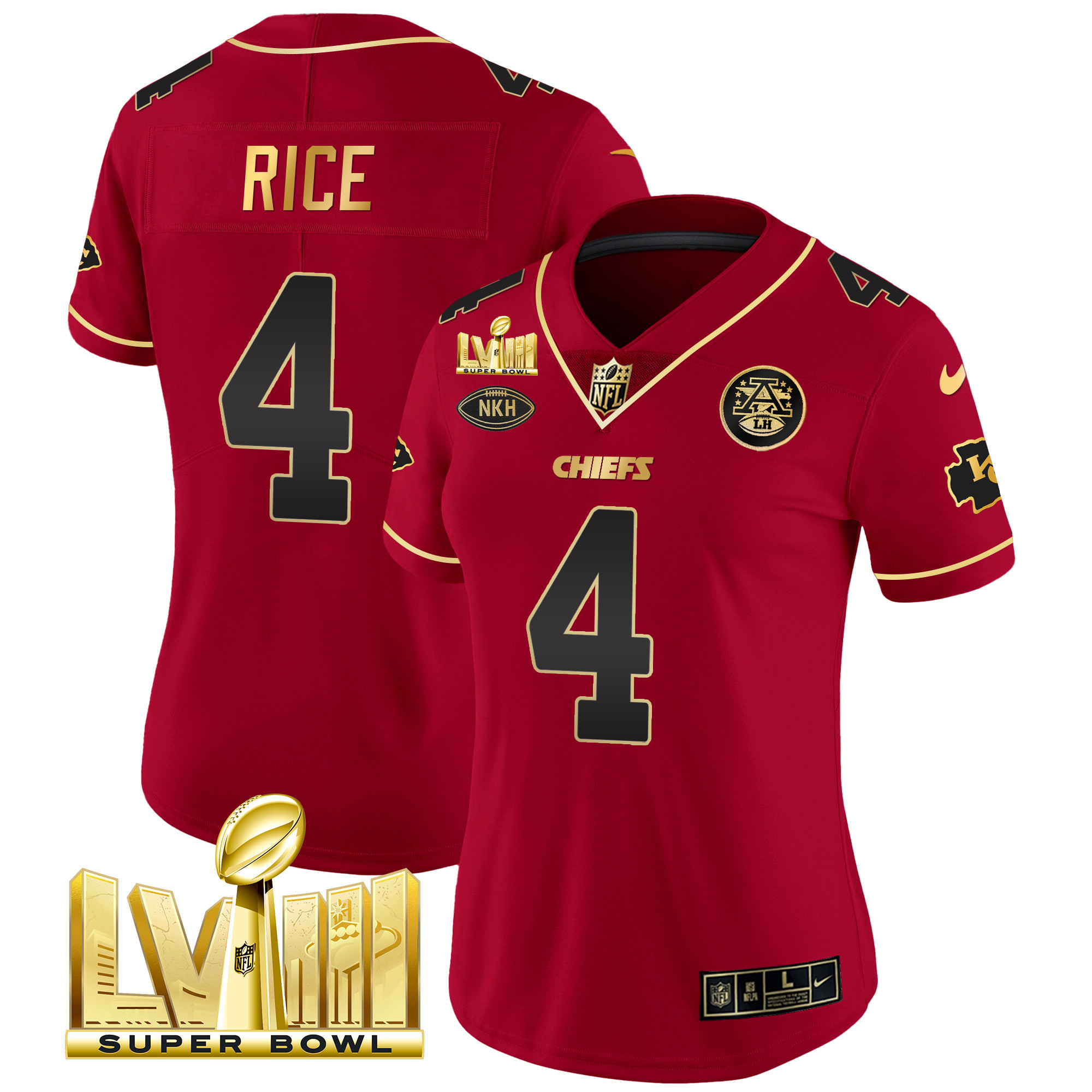 Rashee Rice Women's Kansas City Chiefs Super Bowl LVIII Gold Patch Vapor Red Special Jersey - All Stitched 