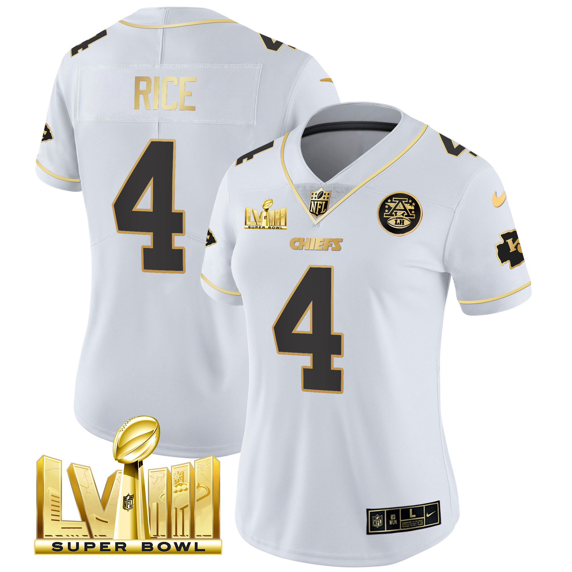 Rashee Rice Women's Kansas City Chiefs Super Bowl LVIII Gold Patch Vapor White Gold Jersey - All Stitched 