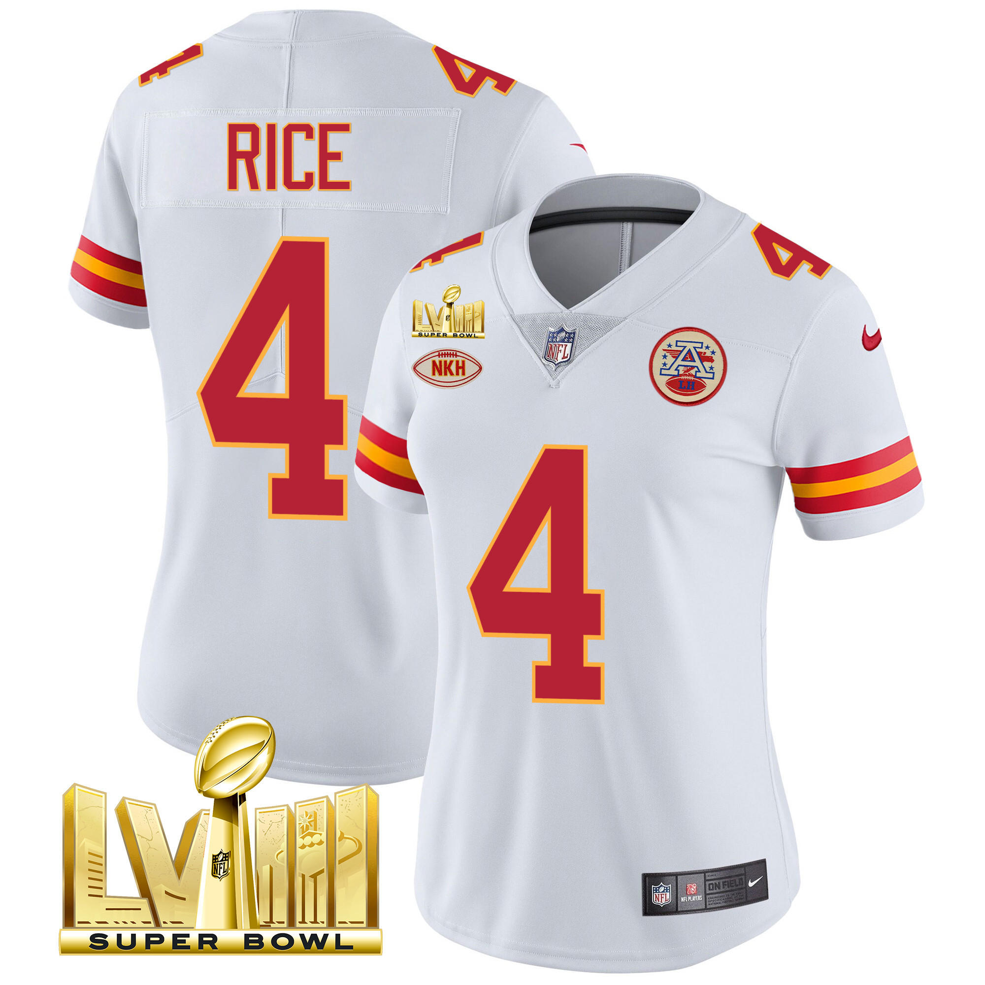 Rashee Rice Women's Kansas City Chiefs Super Bowl LVIII Gold Patch Vapor White Jersey - All Stitched 