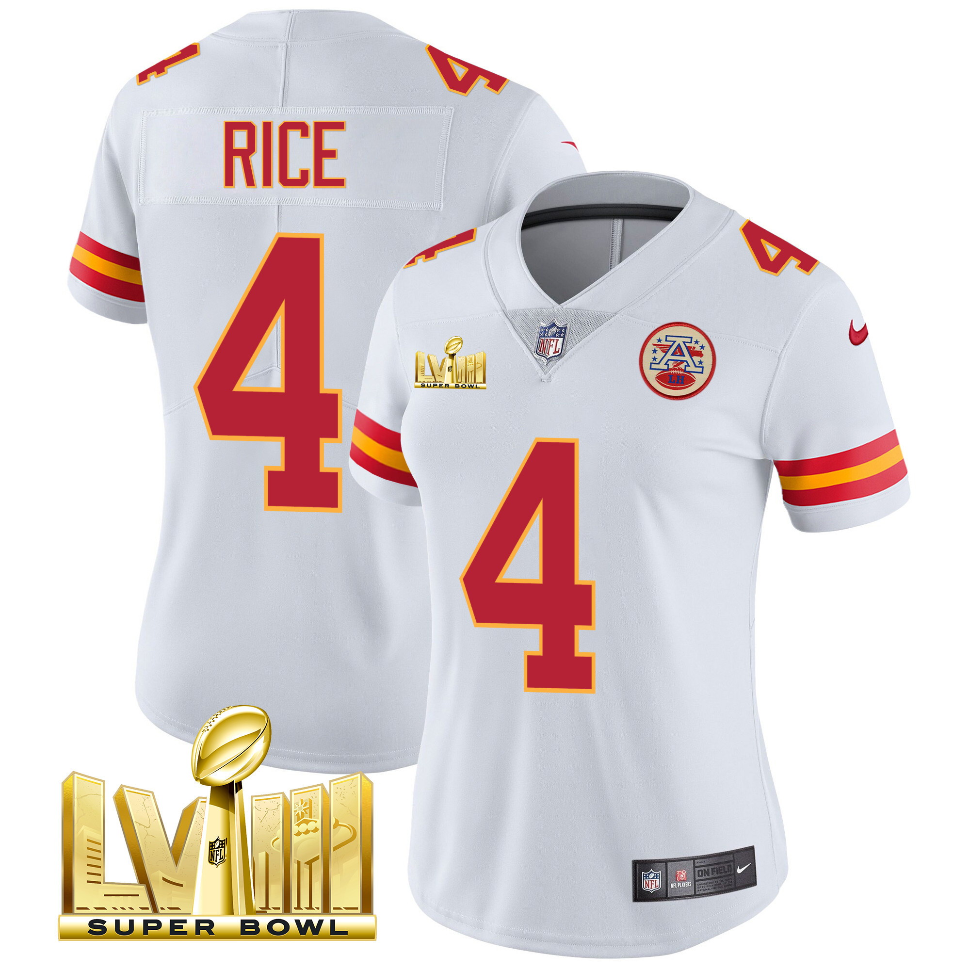 Rashee Rice Women's Kansas City Chiefs Super Bowl LVIII Gold Patch Vapor White Jersey - All Stitched 
