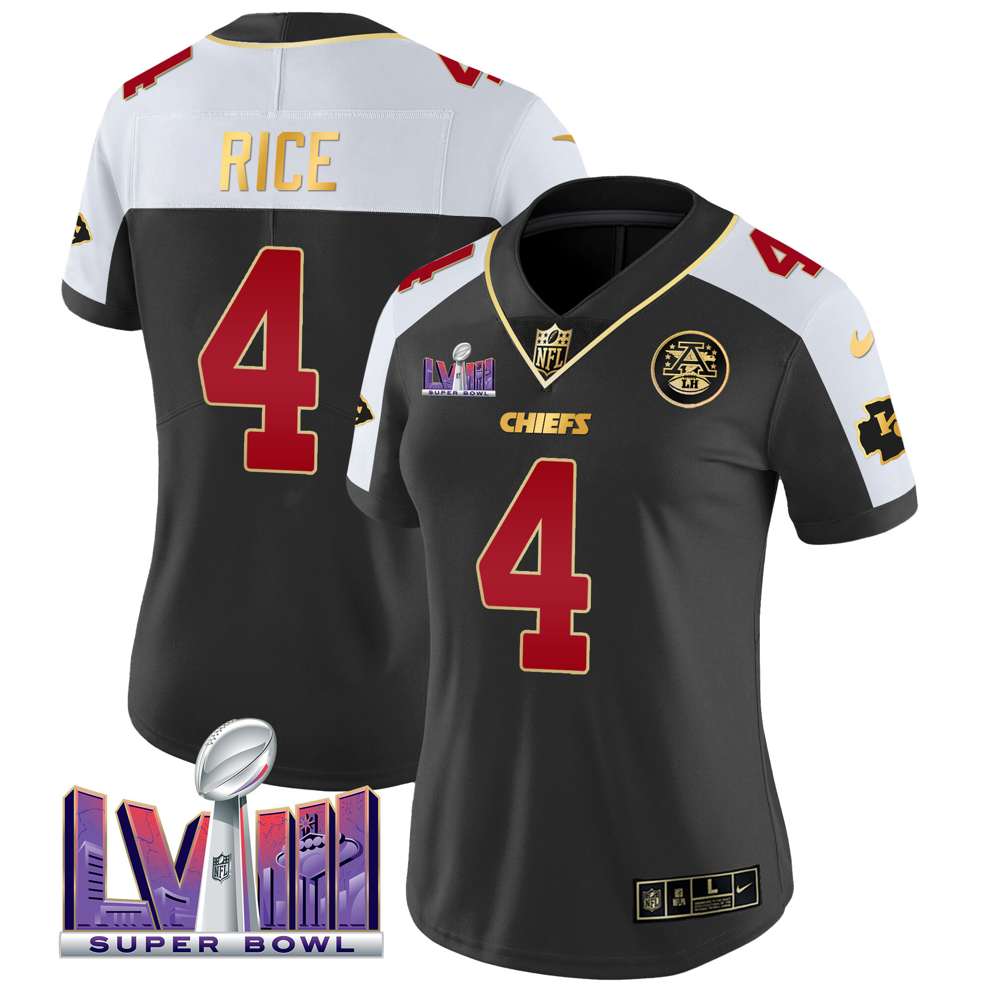 Rashee Rice Women's Kansas City Chiefs Super Bowl LVIII Patch Vapor Black Alternate Jersey - All Stitched 