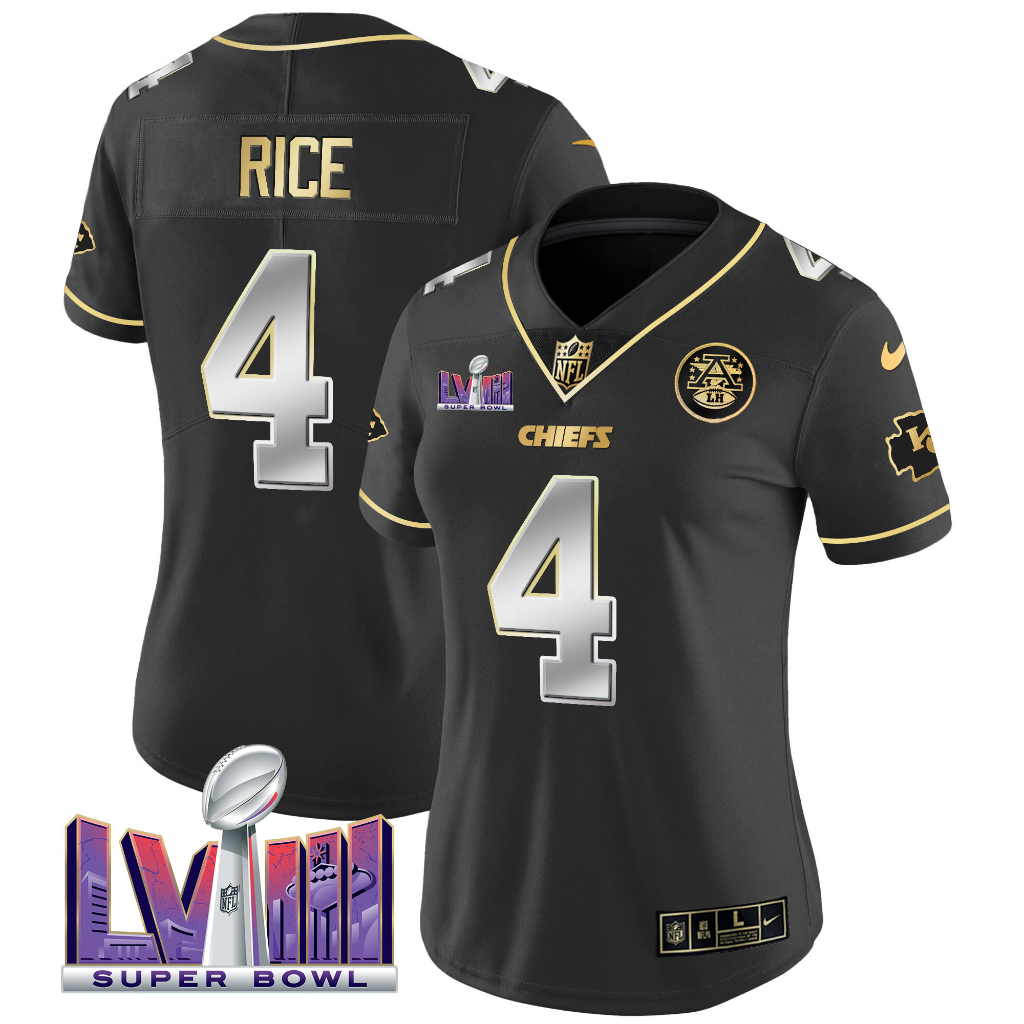 Rashee Rice Women's Kansas City Chiefs Super Bowl LVIII Patch Vapor Black Limited Jersey - All Stitched 