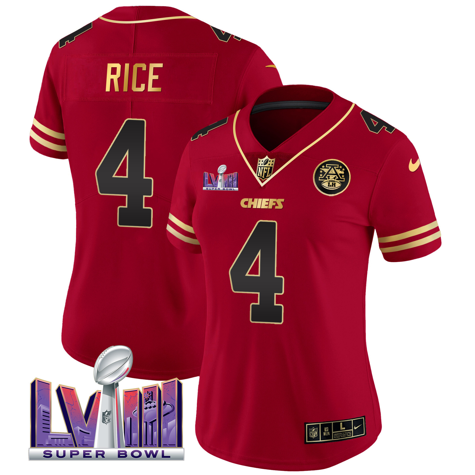 Rashee Rice Women's Kansas City Chiefs Super Bowl LVIII Patch Vapor Black Red Jersey - All Stitched 
