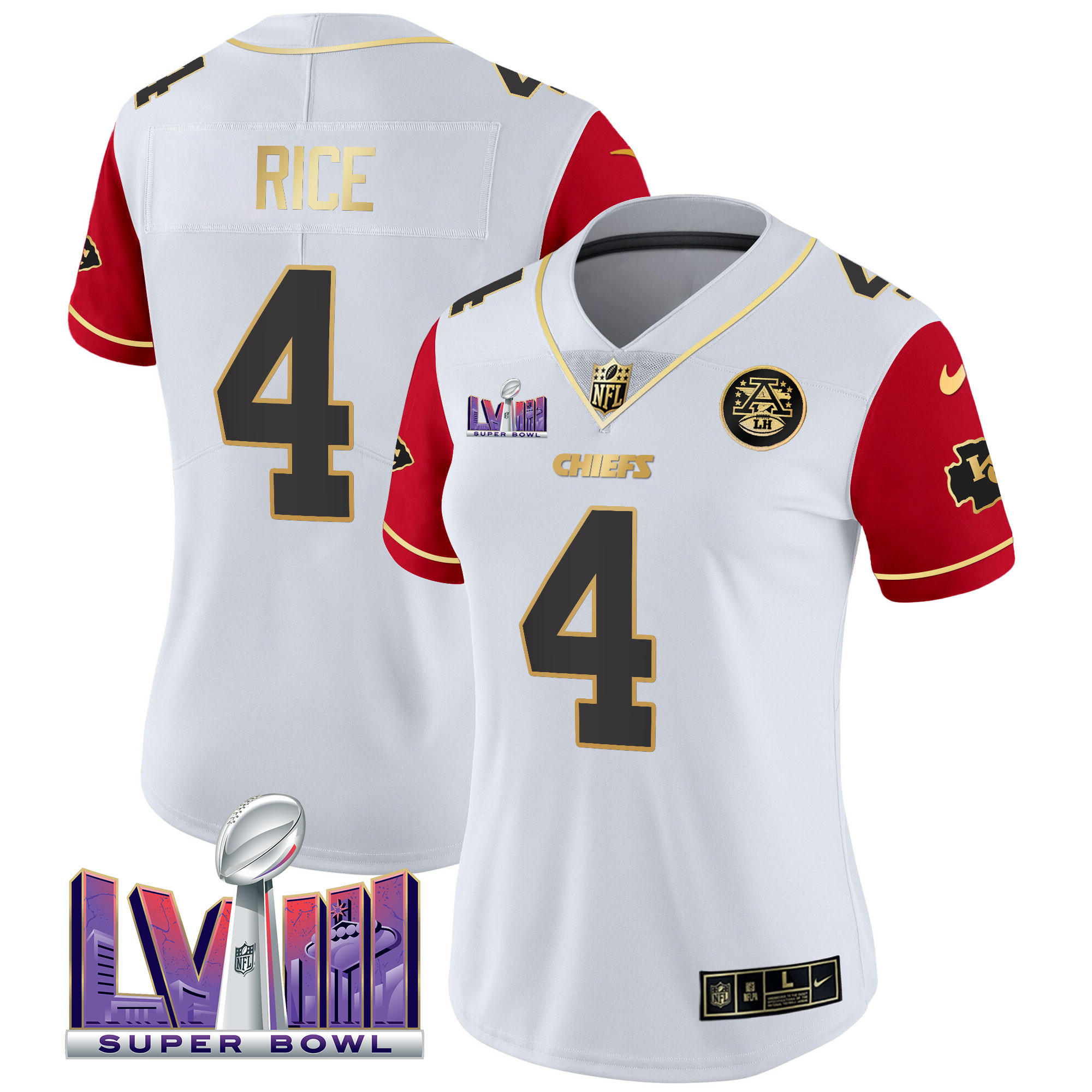 Rashee Rice Women's Kansas City Chiefs Super Bowl LVIII Patch Vapor Color Sleeves Jersey - All Stitched 