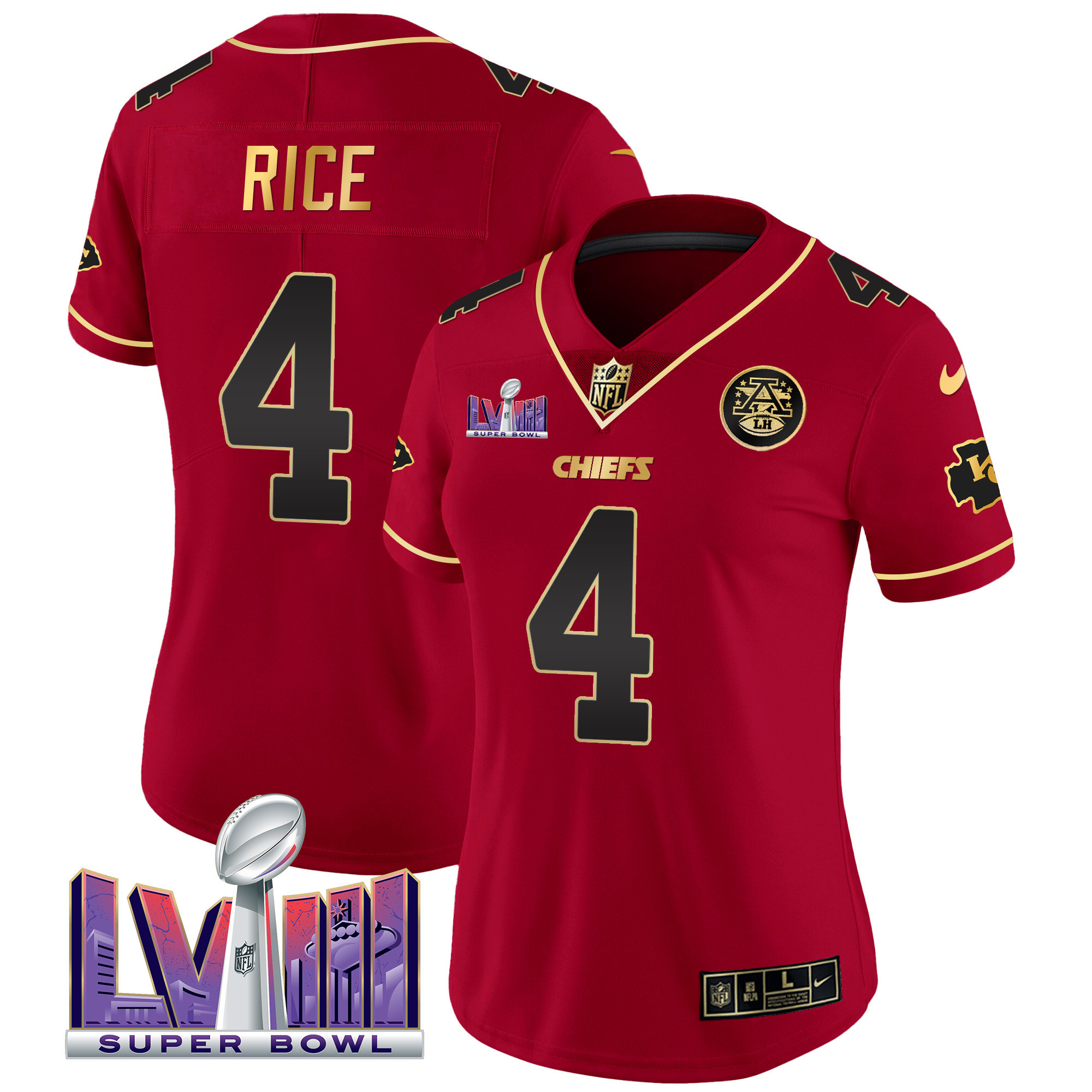 Rashee Rice Women's Kansas City Chiefs Super Bowl LVIII Patch Vapor Red Special Jersey - All Stitched 