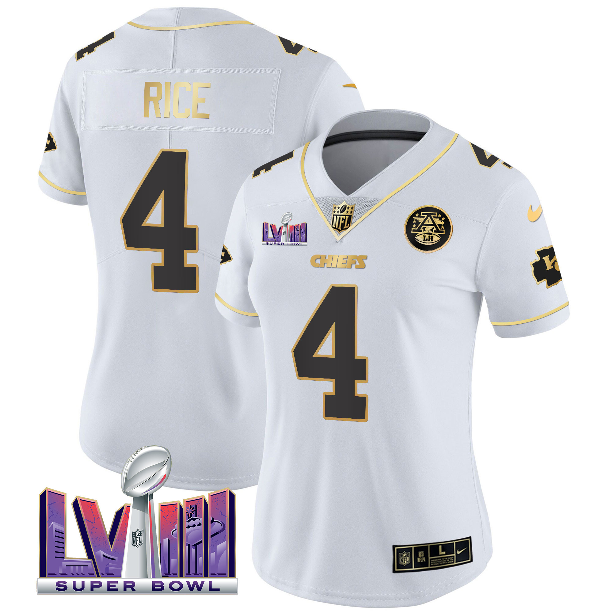 Rashee Rice Women's Kansas City Chiefs Super Bowl LVIII Patch Vapor White Gold Jersey - All Stitched 