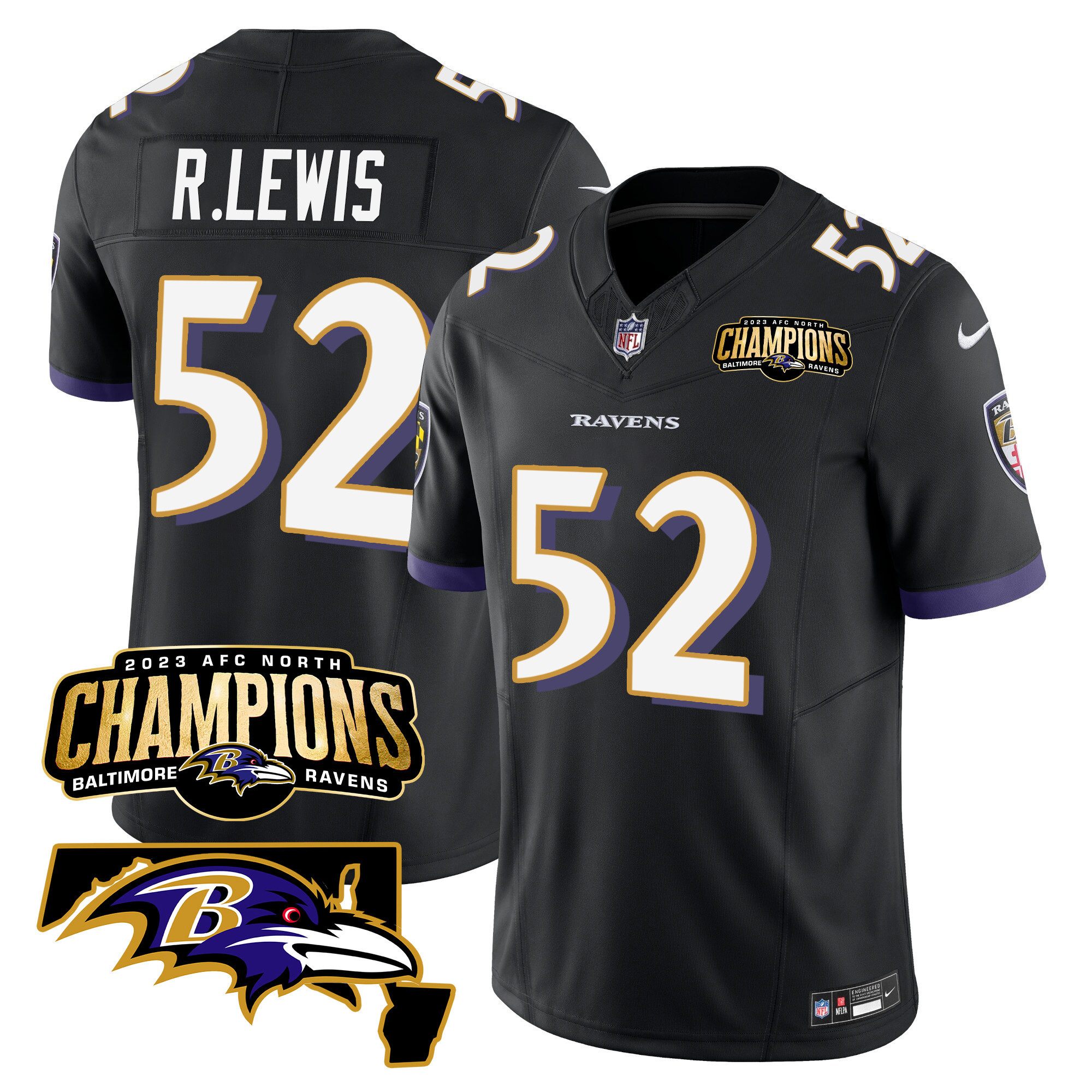 Ray Lewis Men's Baltimore Ravens 2023 Afc North Champions Maryland Patch Vapor Black Jersey All Stitched