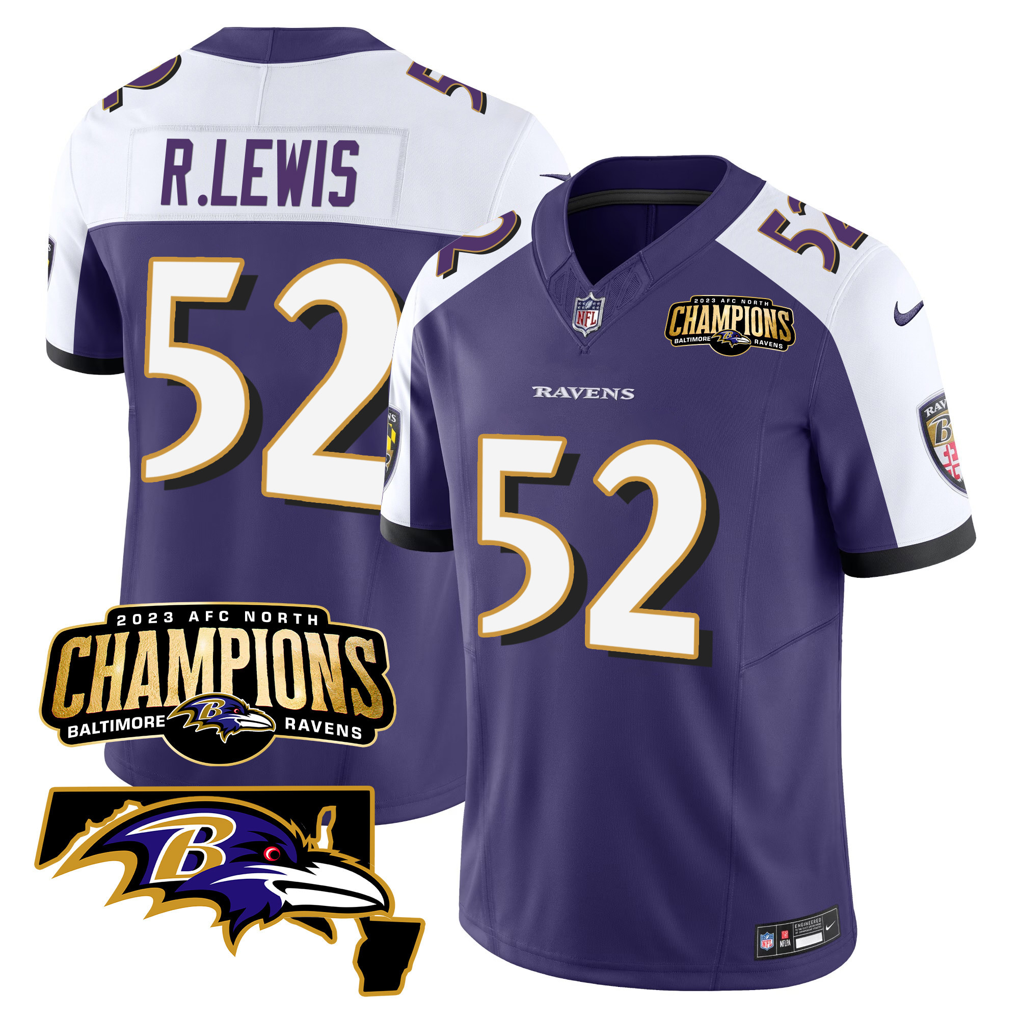Ray Lewis Men's Baltimore Ravens 2023 Afc North Champions Maryland Patch Vapor Purple Alternate Jersey All Stitched