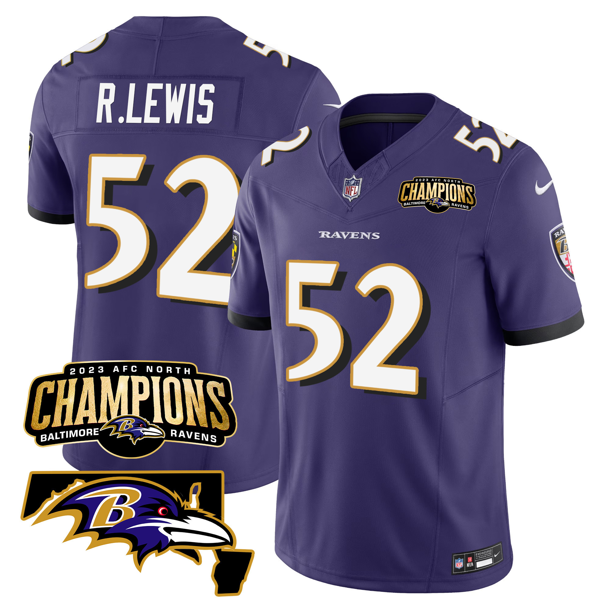 Ray Lewis Men's Baltimore Ravens 2023 Afc North Champions Maryland Patch Vapor Purple Jersey All Stitched
