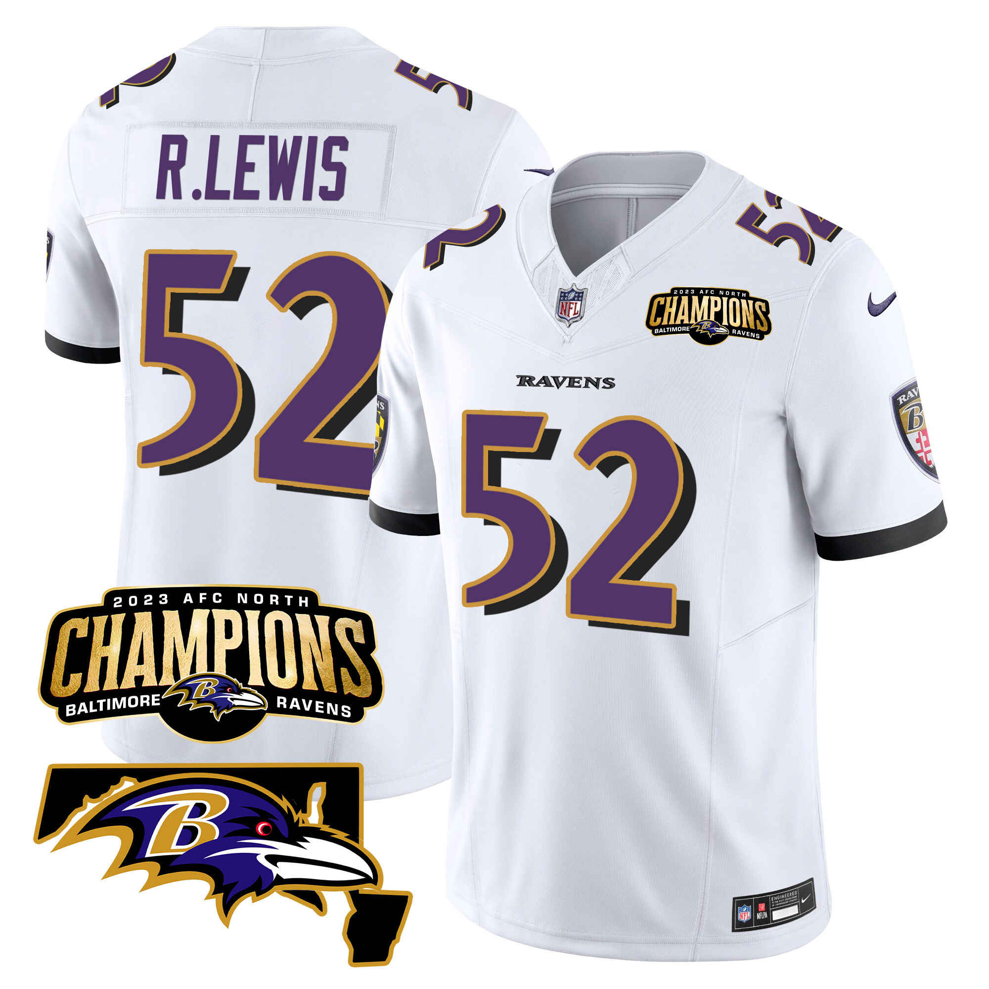 Ray Lewis Men's Baltimore Ravens 2023 Afc North Champions Maryland Patch Vapor White Jersey All Stitched