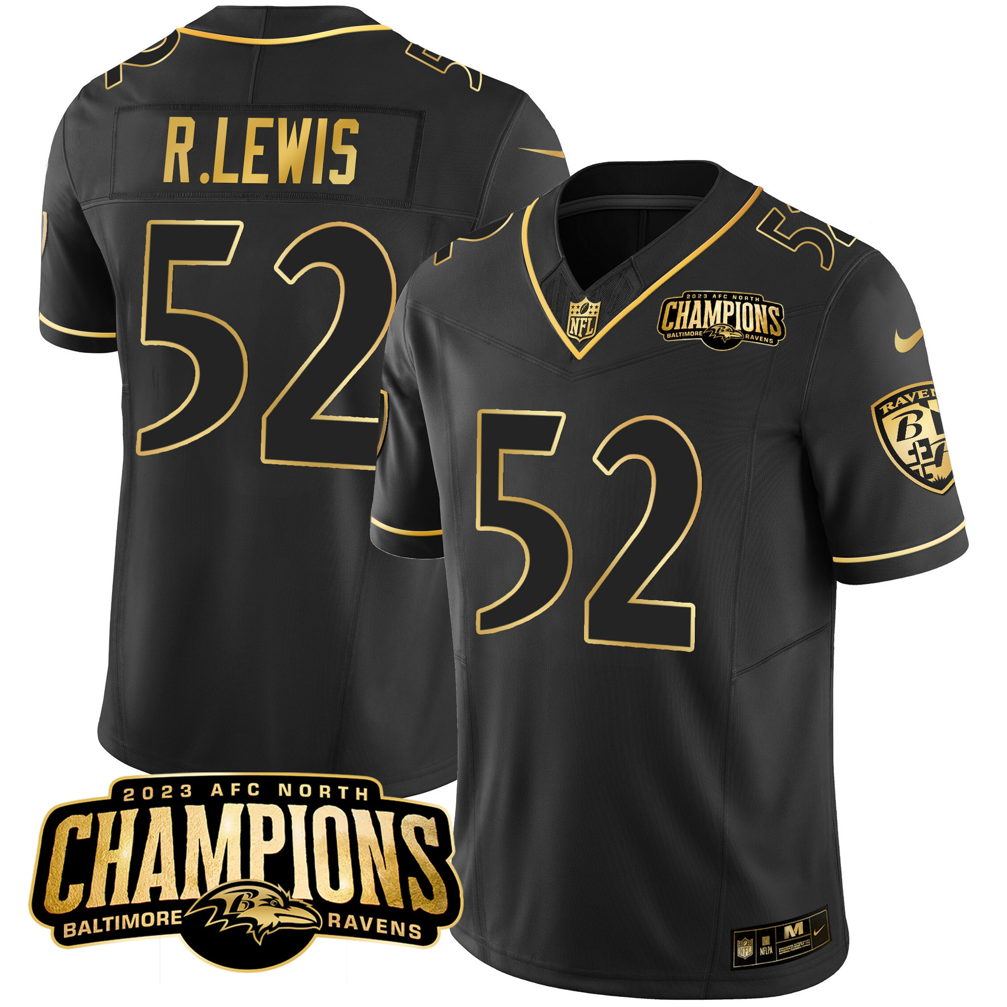 Ray Lewis Men's Baltimore Ravens 2023 Afc North Champions Patch Gold Vapor Black Gold Jersey All Stitched