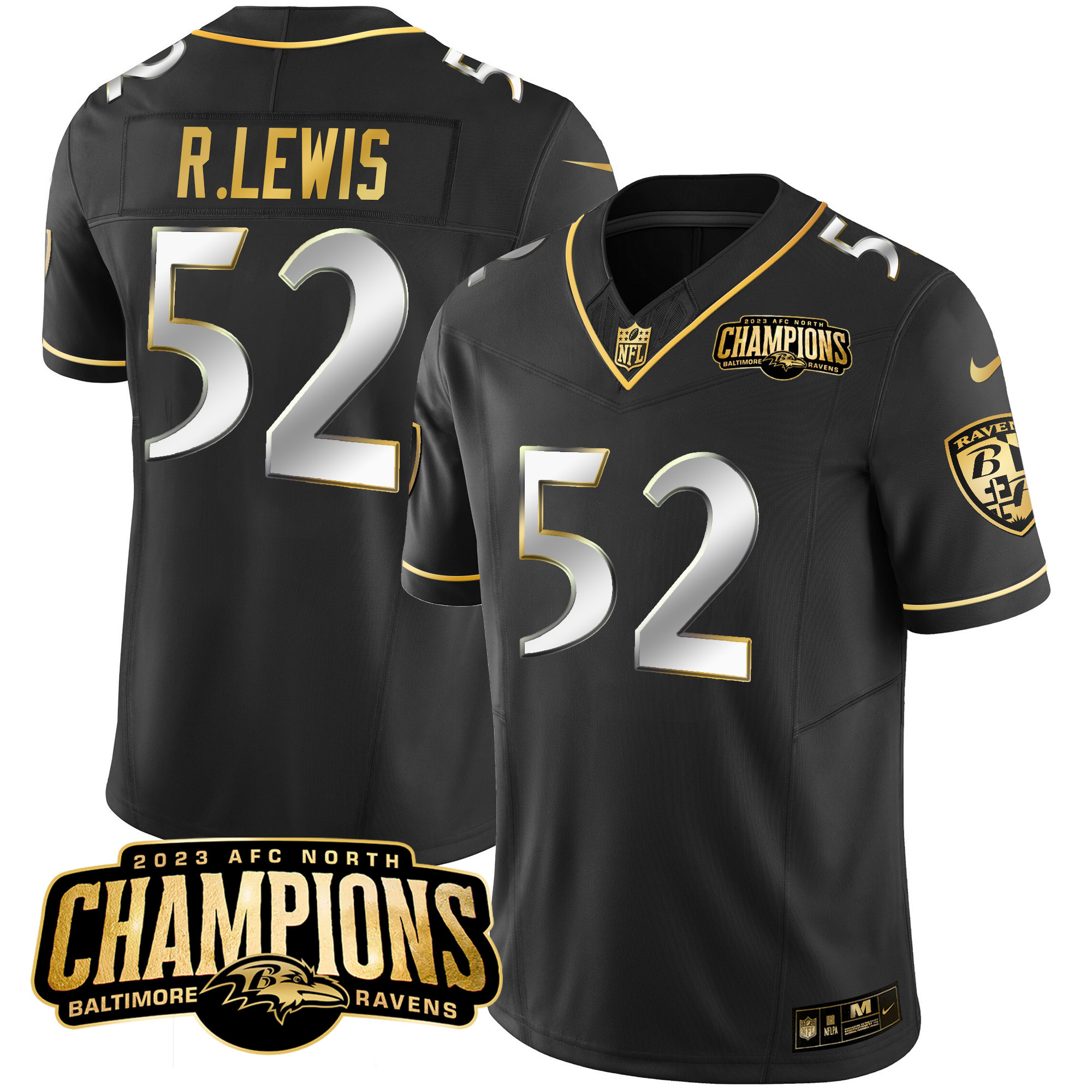 Ray Lewis Men's Baltimore Ravens 2023 Afc North Champions Patch Gold Vapor Black Limited Jersey All Stitched