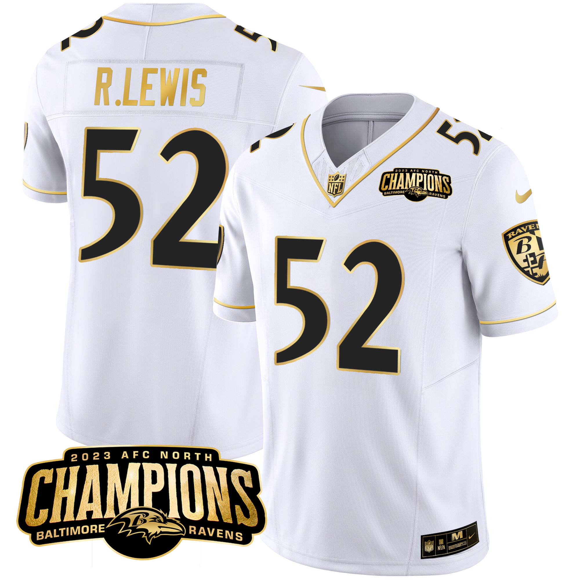 Ray Lewis Men's Baltimore Ravens 2023 Afc North Champions Patch Gold Vapor White Gold Jersey All Stitched