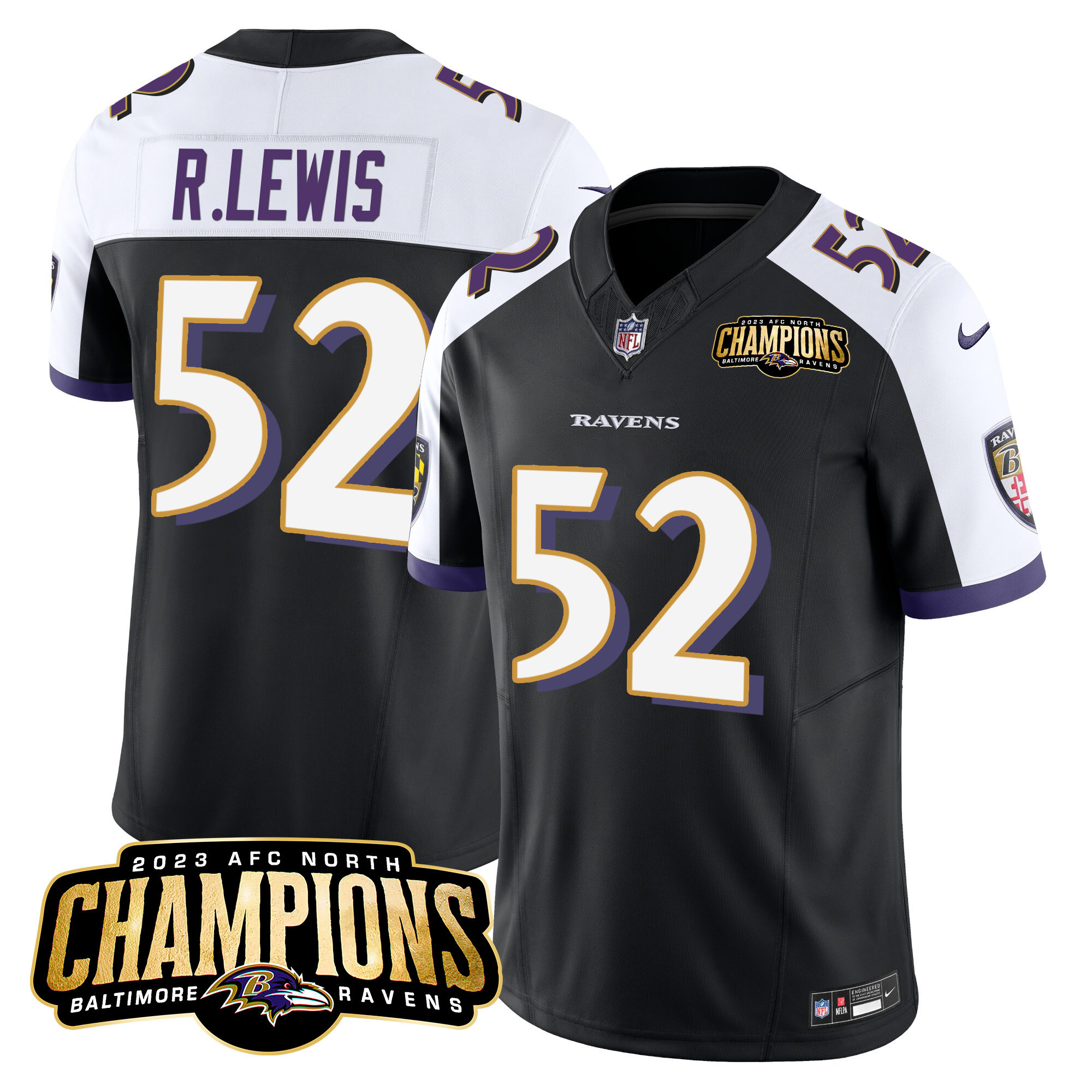 Ray Lewis Men's Baltimore Ravens 2023 Afc North Champions Patch Vapor Limited Black Alternate Jersey All Stitched