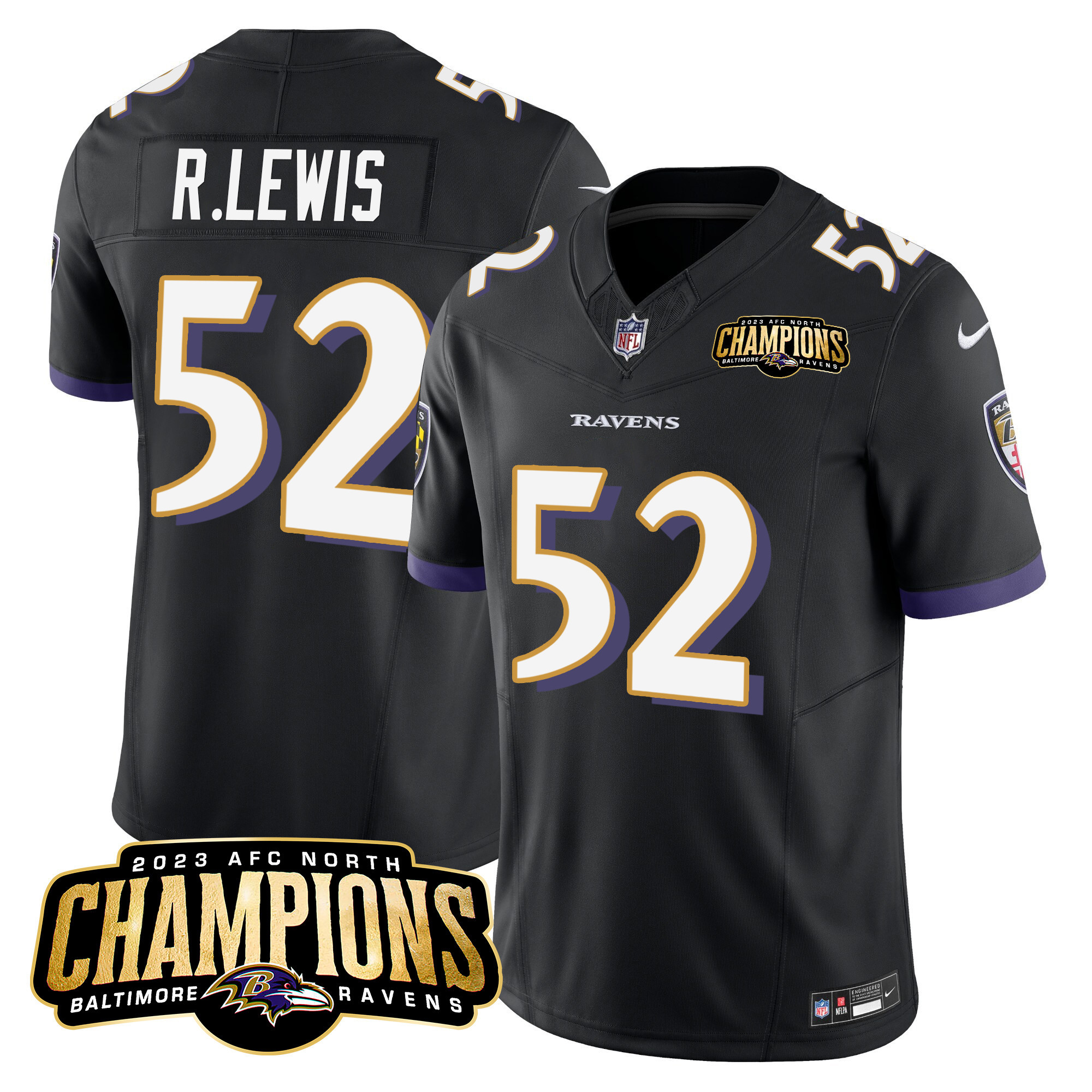Ray Lewis Men's Baltimore Ravens 2023 Afc North Champions Patch Vapor Limited Black Jersey All Stitched