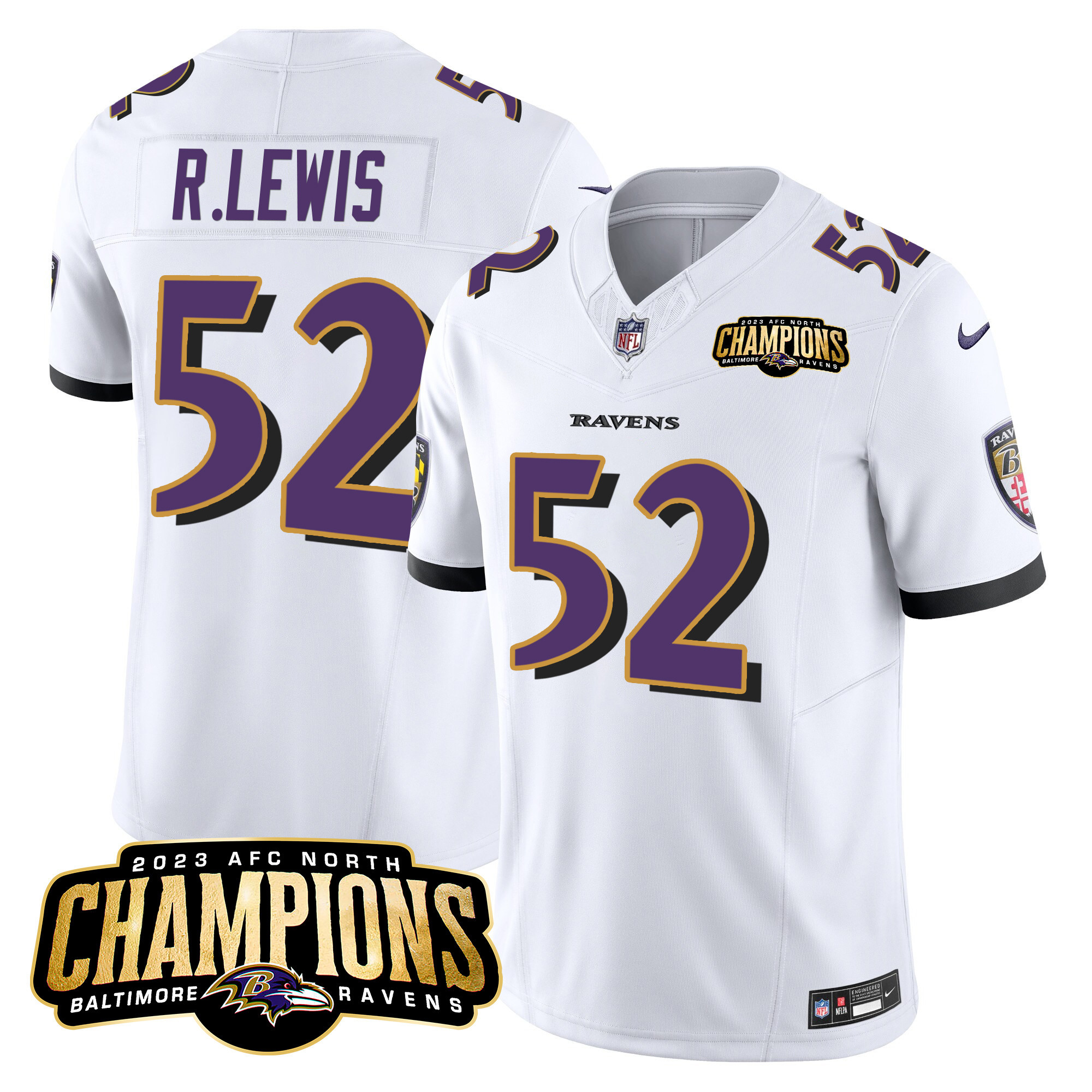 Ray Lewis Men's Baltimore Ravens 2023 Afc North Champions Patch Vapor Limited White Jersey All Stitched