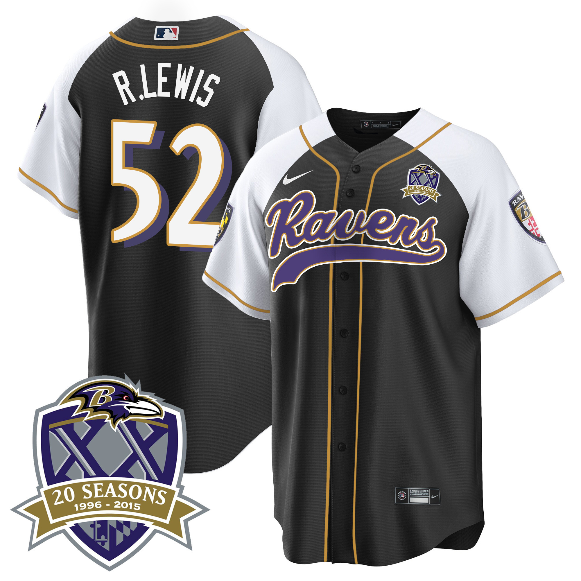 Ray Lewis Men's Baltimore Ravens 20Th Season Patch Baseball Black Alternate Jersey All Stitched