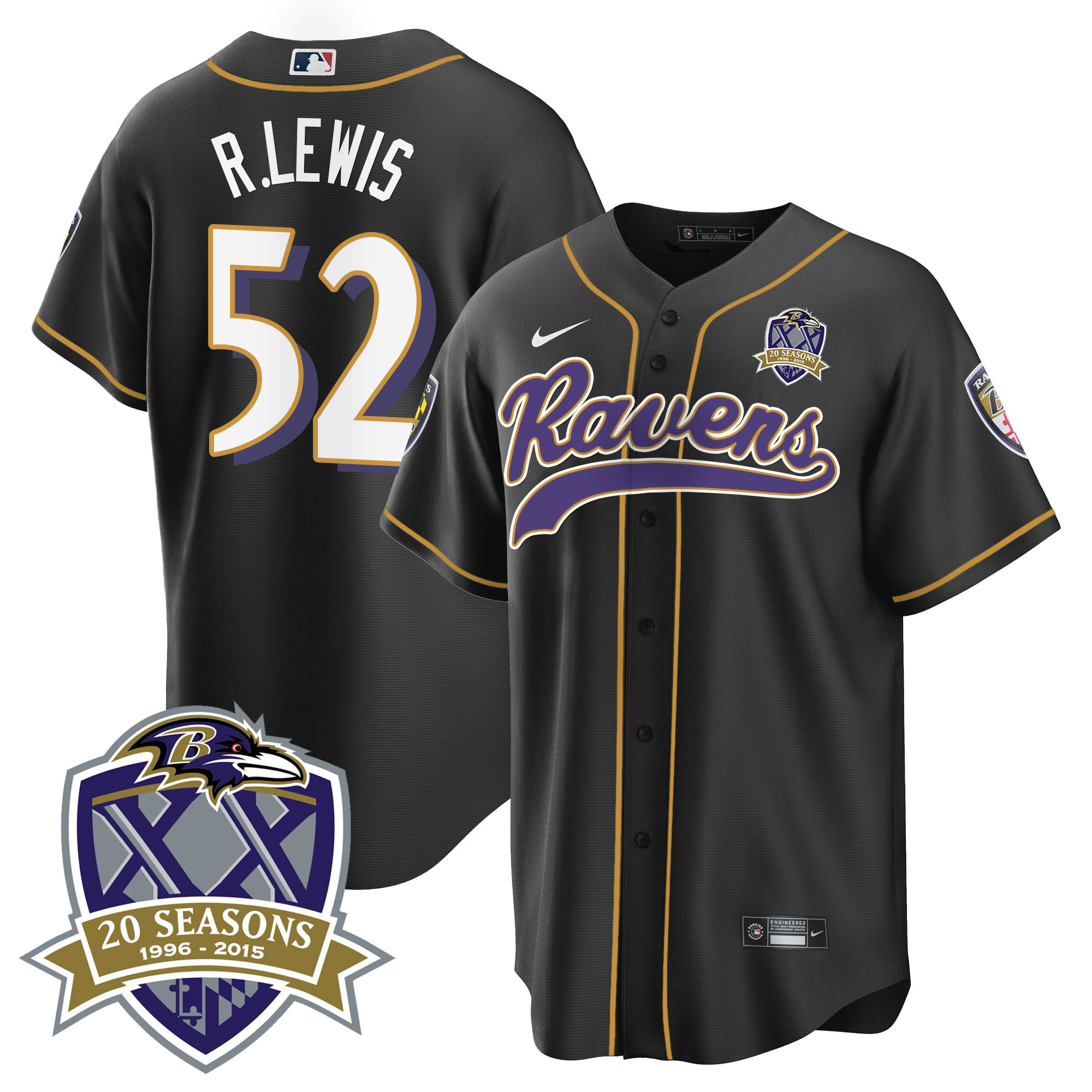 Ray Lewis Men's Baltimore Ravens 20Th Season Patch Baseball Black Jersey All Stitched