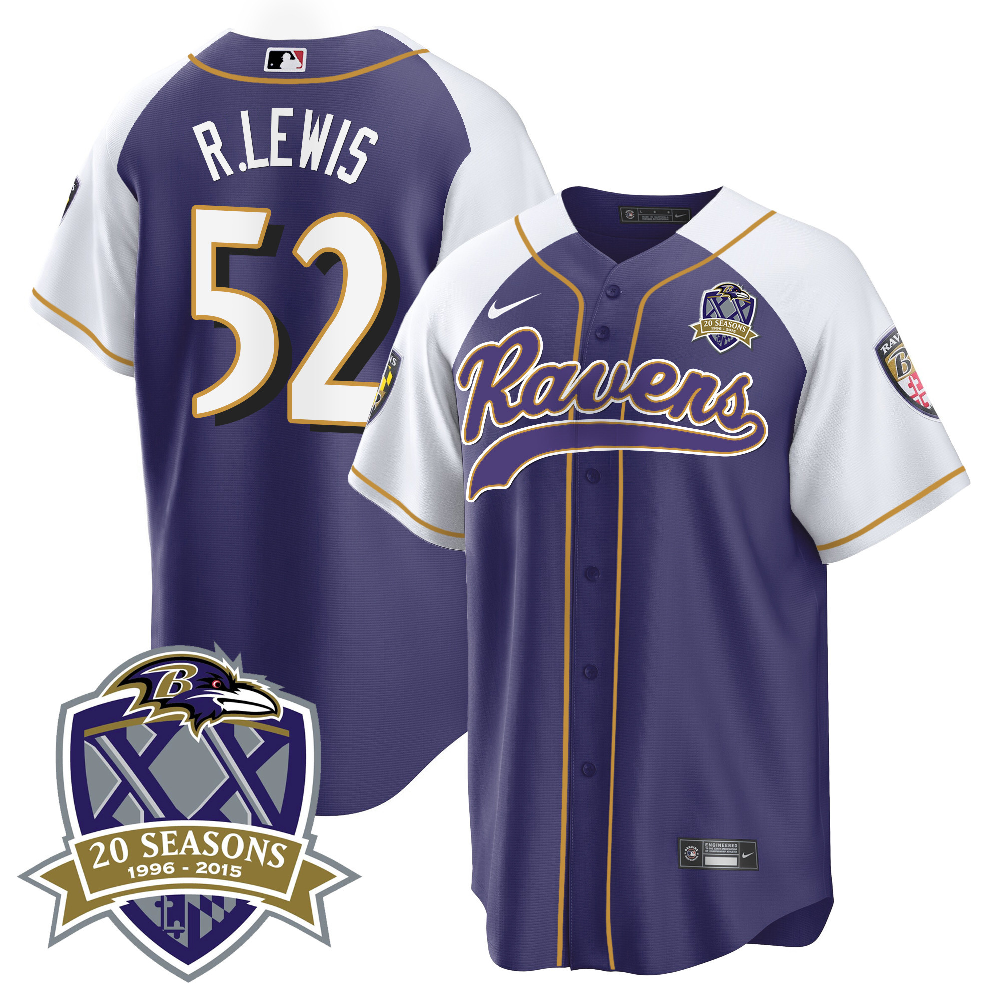 Ray Lewis Men's Baltimore Ravens 20Th Season Patch Baseball Purple Alternate Jersey All Stitched