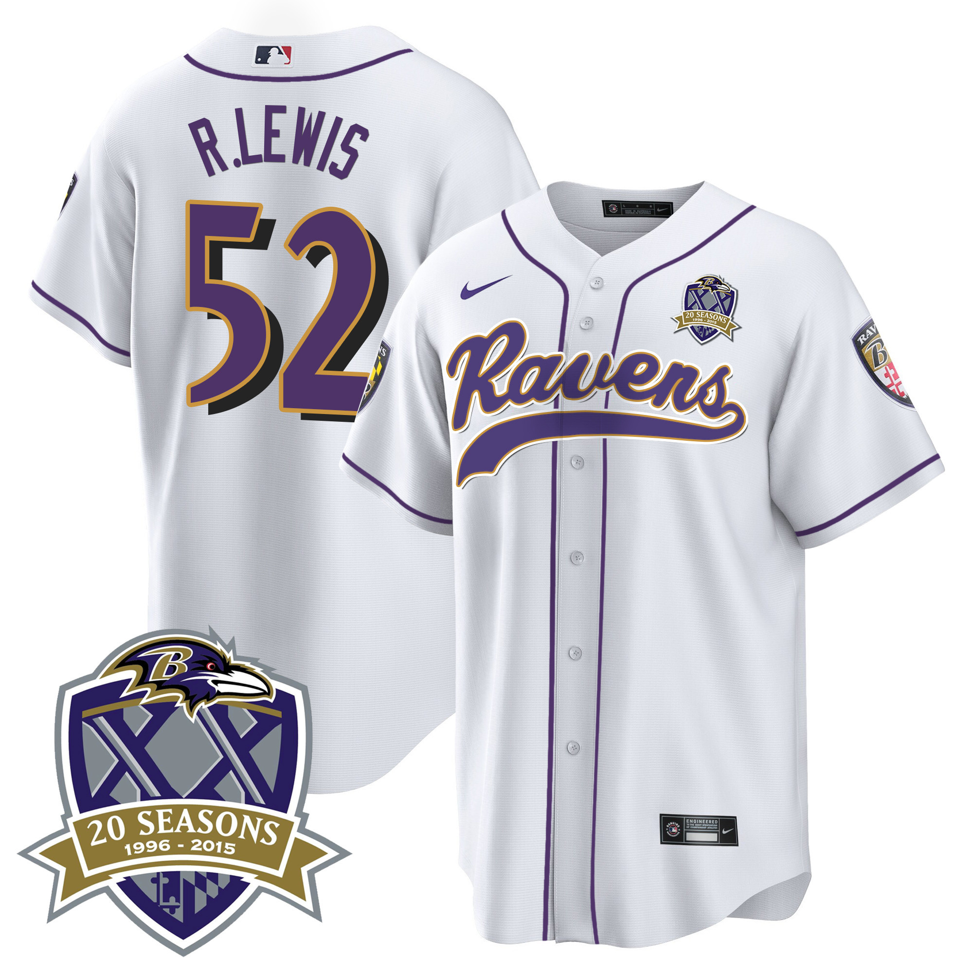 Ray Lewis Men's Baltimore Ravens 20Th Season Patch Baseball White Jersey All Stitched