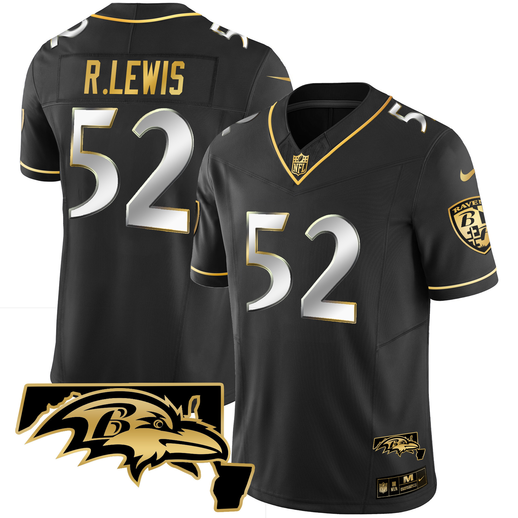 Ray Lewis Men's Baltimore Ravens Maryland Patch Vapor Gold Black Limited Jersey All Stitched