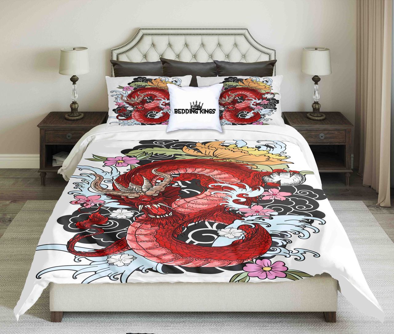 Red Dragon On White Background Kings 3D Customized Duvet Cover Bedding Set