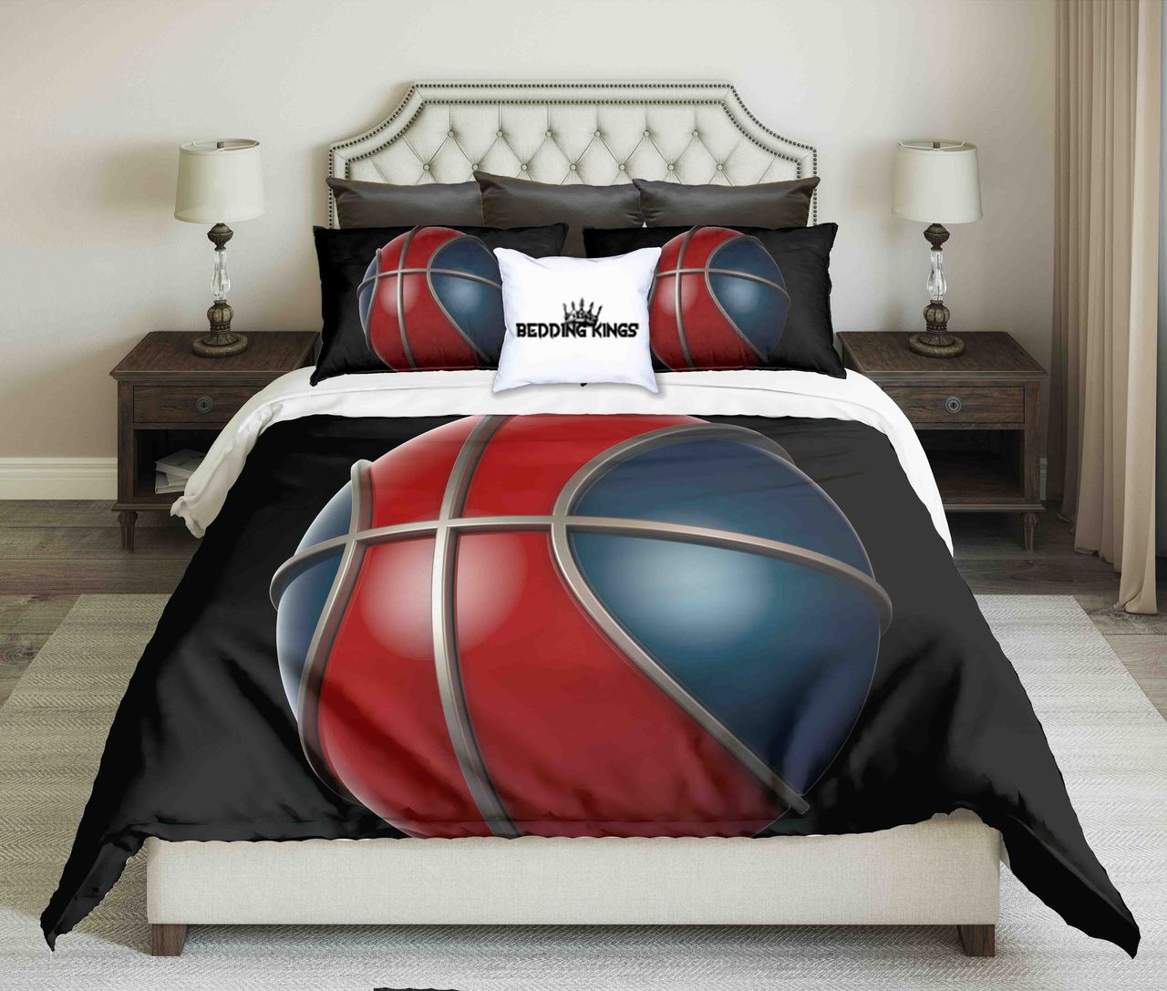 Redblue Basketball On Black Background Design Kings 3D Customized Duvet Cover Bedding Set