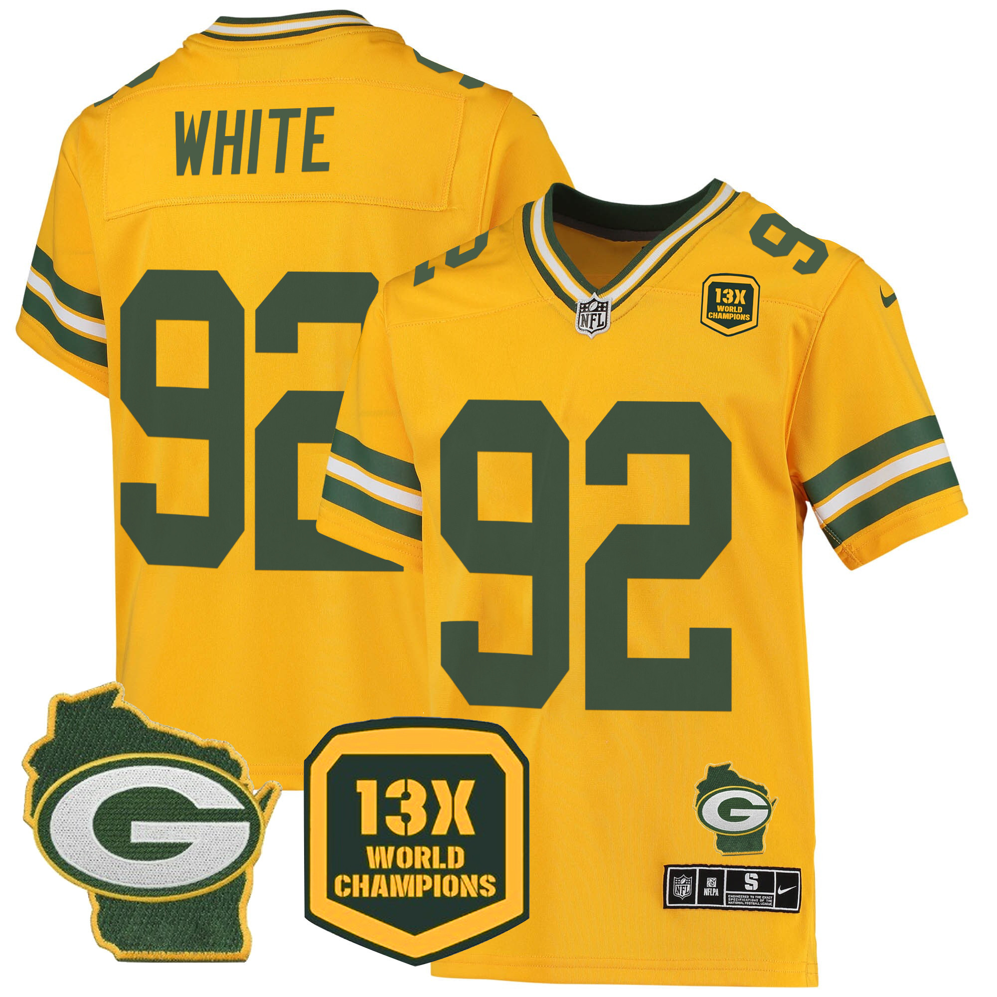 Reggie White Men's Green Bay Packers 13 Time World Champions & Home Patch Game Gold Jersey - All Stitched 