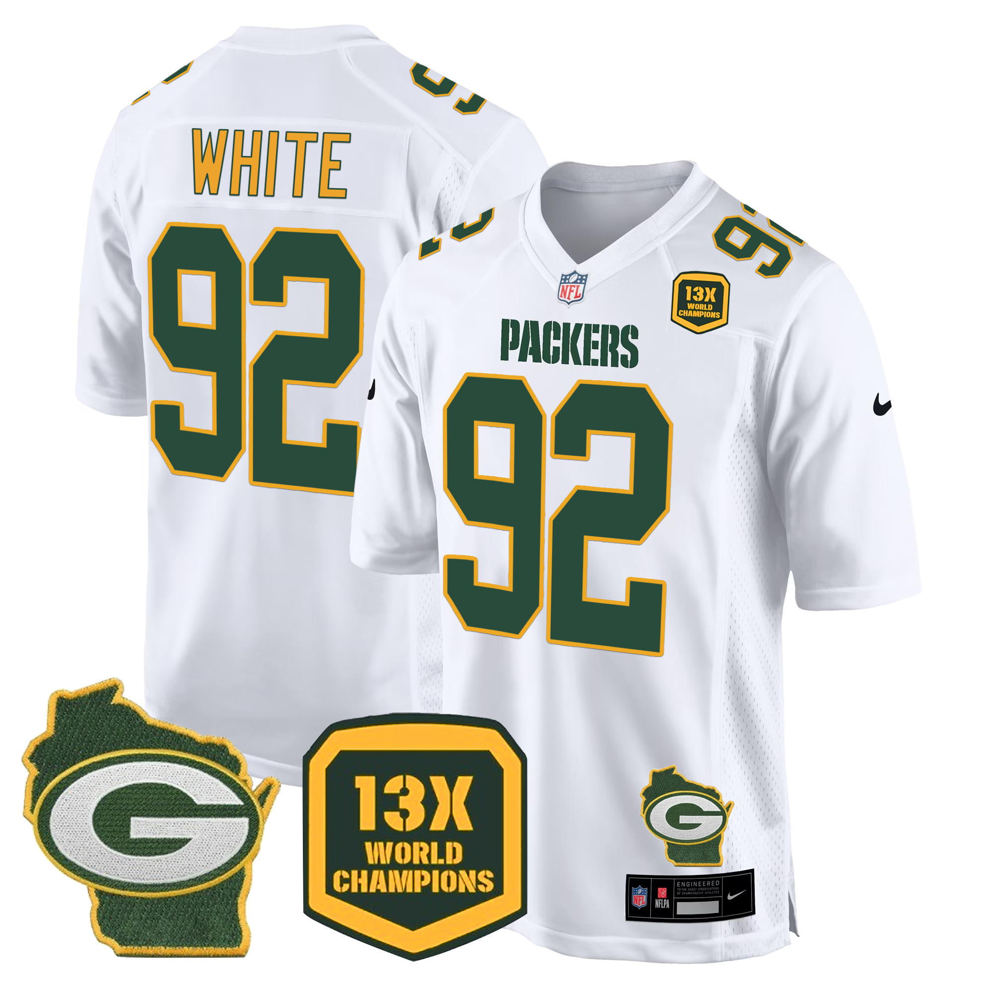 Reggie White Men's Green Bay Packers 13 Time World Champions & Home Patch Game White Jersey - All Stitched 